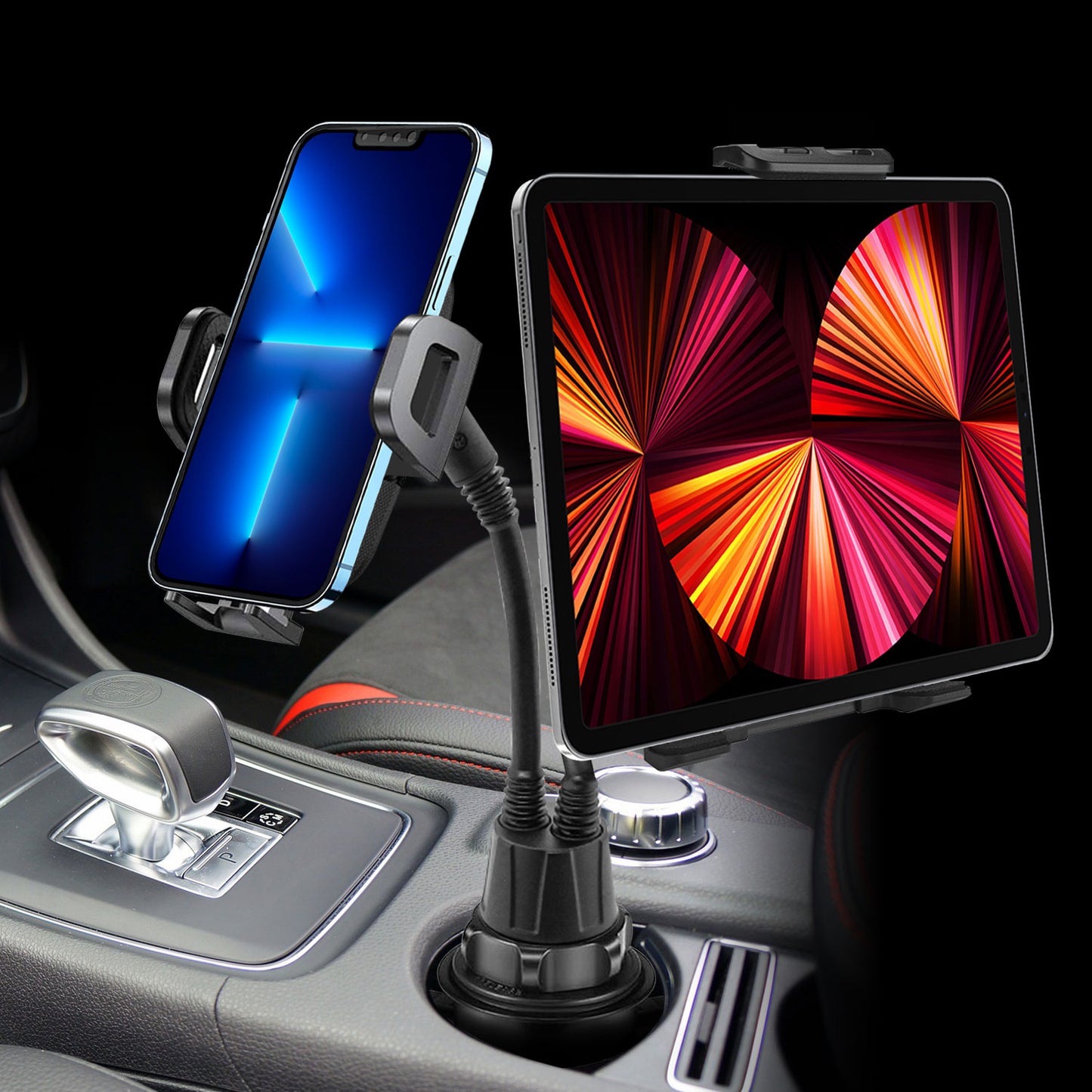 PH160 - Cup Holder Mount W/ 2 Cradles 1 for smartphone, and 1 for Tablet