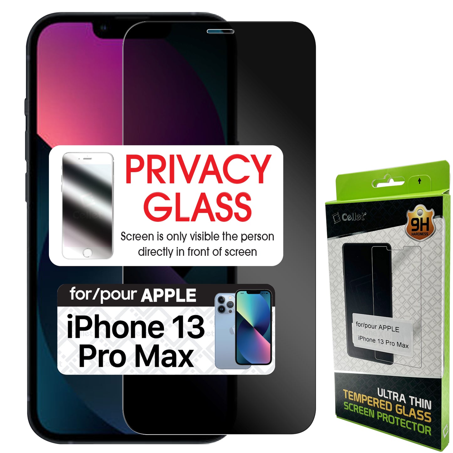 SYIPH13PM - iPhone 14 Pro Max, 14 Plus, 13 Pro Max, Privacy Tempered Glass Screen Protector (0.8mm) by Cellet