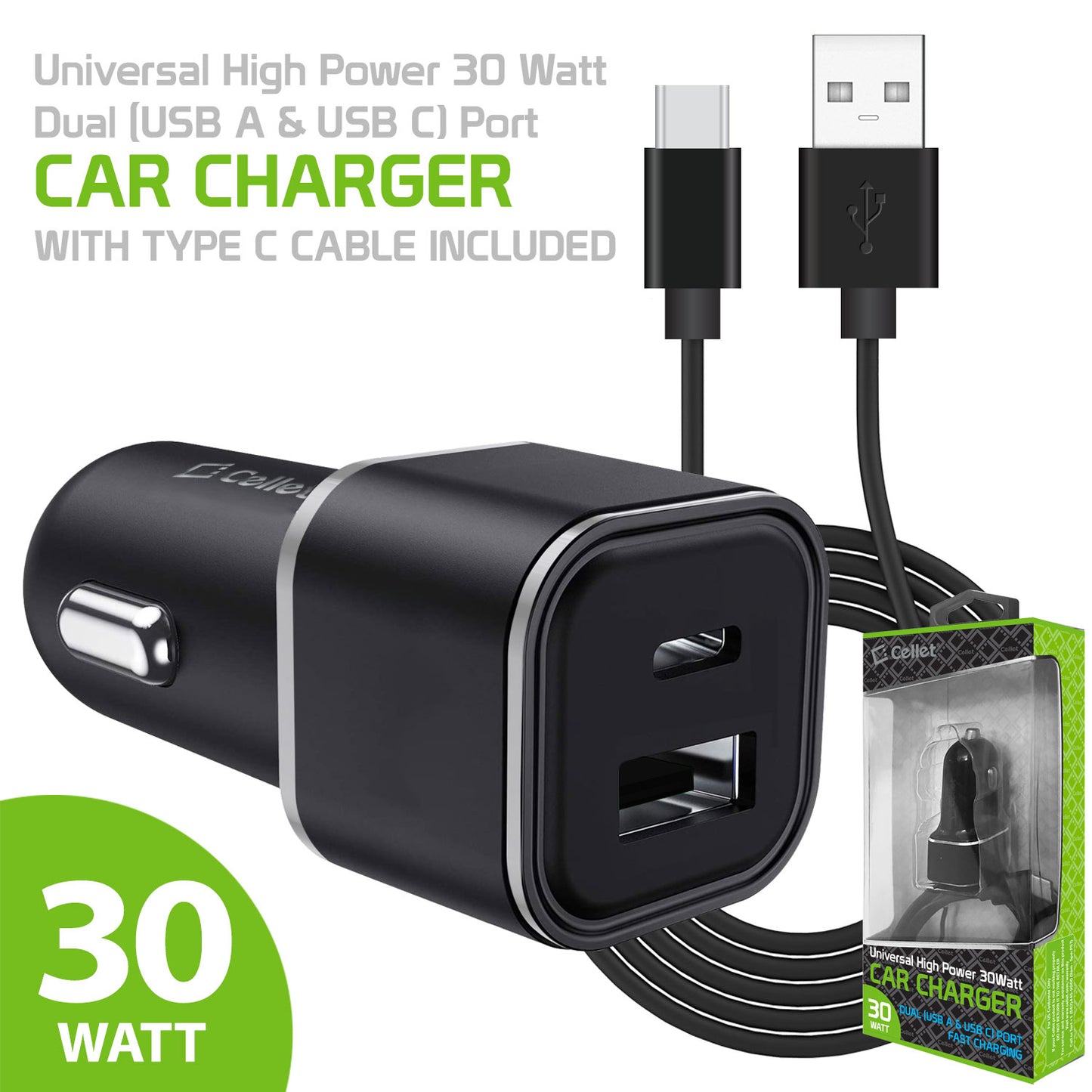 PC30WCBK - Universal High Power 30 Watt Dual (USB A & USB C) Port Car Charger with Type C Cable Included for Phone 13 Pro, 13 Pro Max