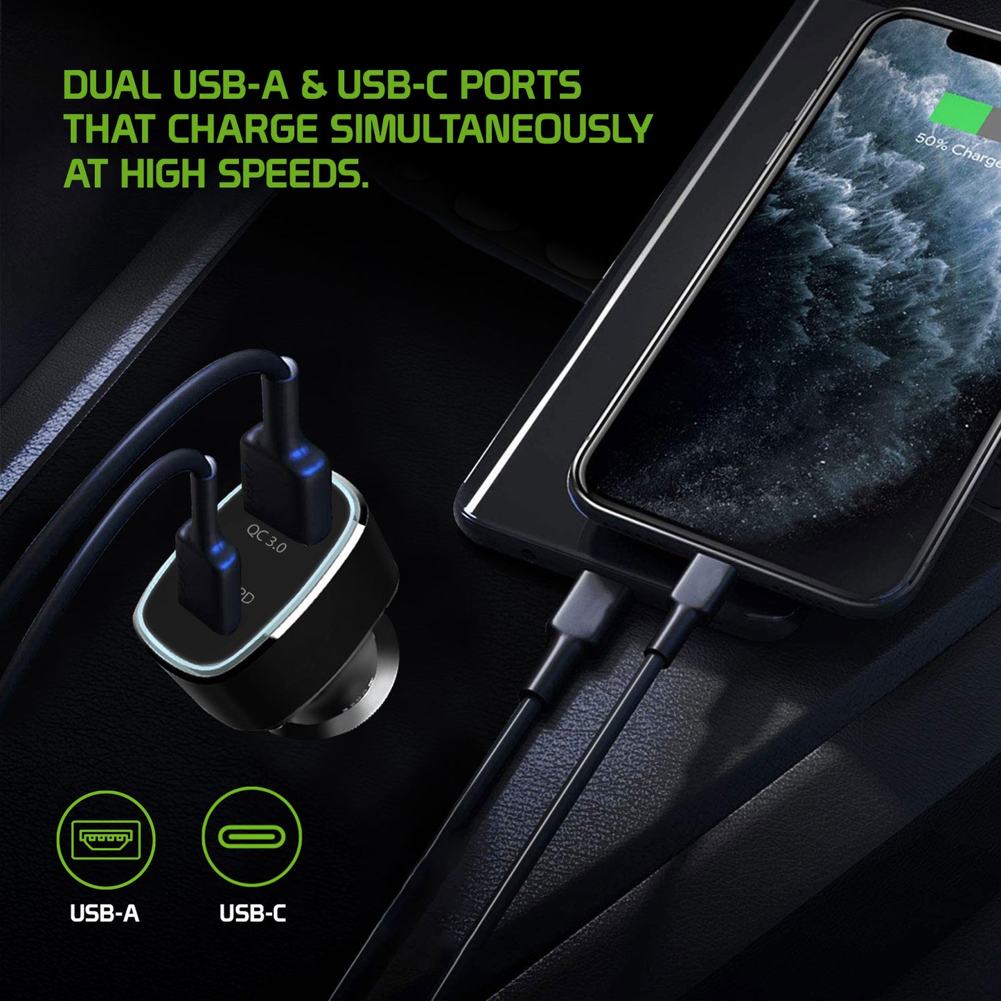 PCA48W - Cellet High Power 48W USB C & USB A Car Charger Adapter, QC 3.0 & PD Fast Charging for iPhone 15/14, Samsung Galaxy S24, iPad Pro, MacBooks, Dual Port Vehicle Lighter Plug