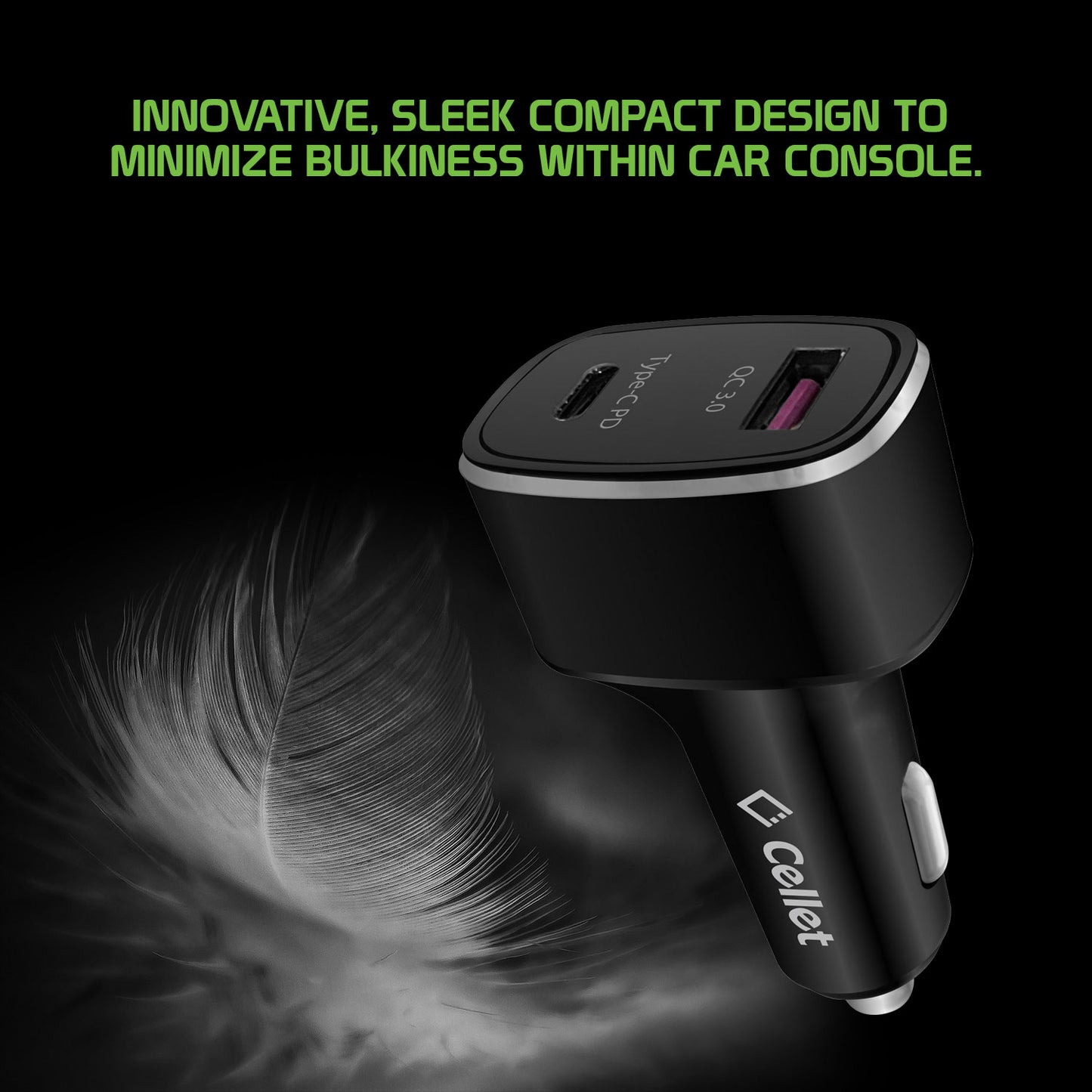 USB Car Charger, Universal 48 Watt Dual (USB A & USB C) Port Car Charger by Cellet - Black