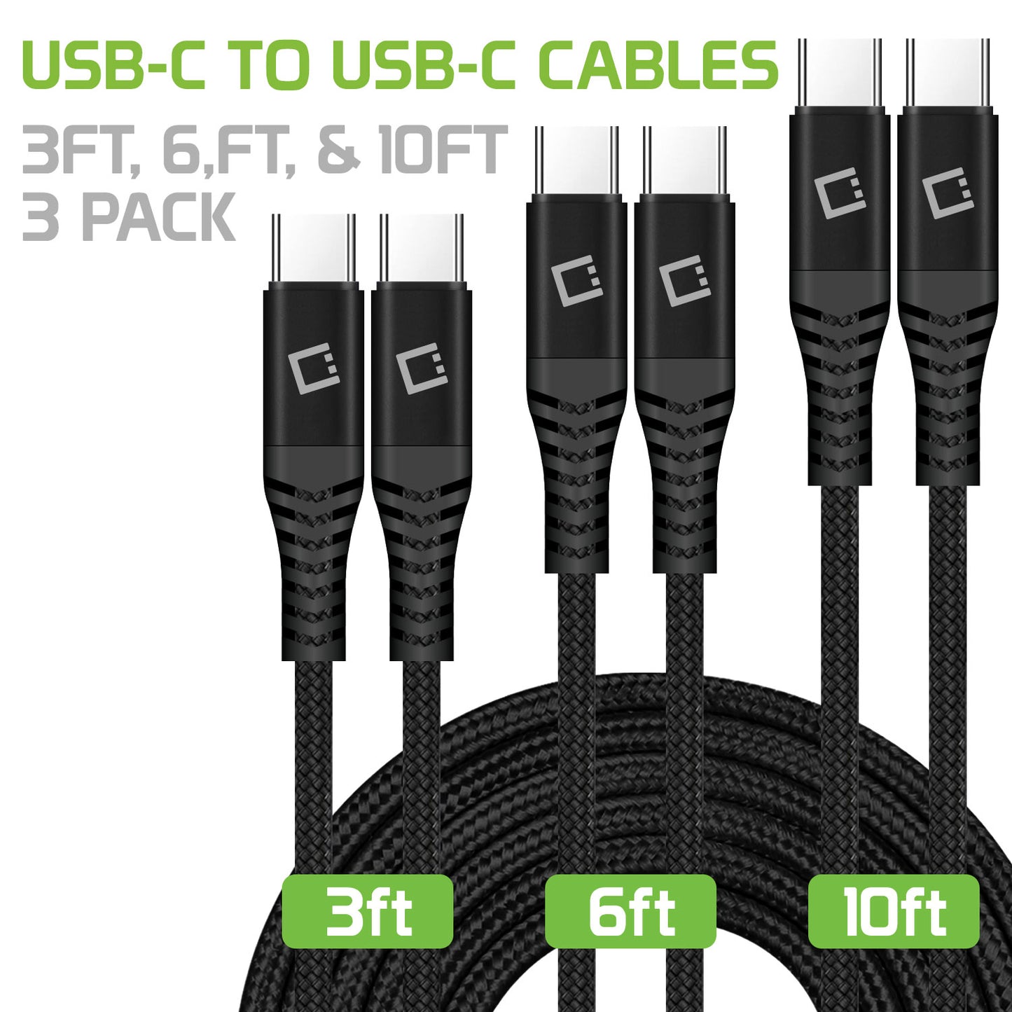 3 Pack 3ft, 6,ft, & 10ft USB-C to USB-C Cables