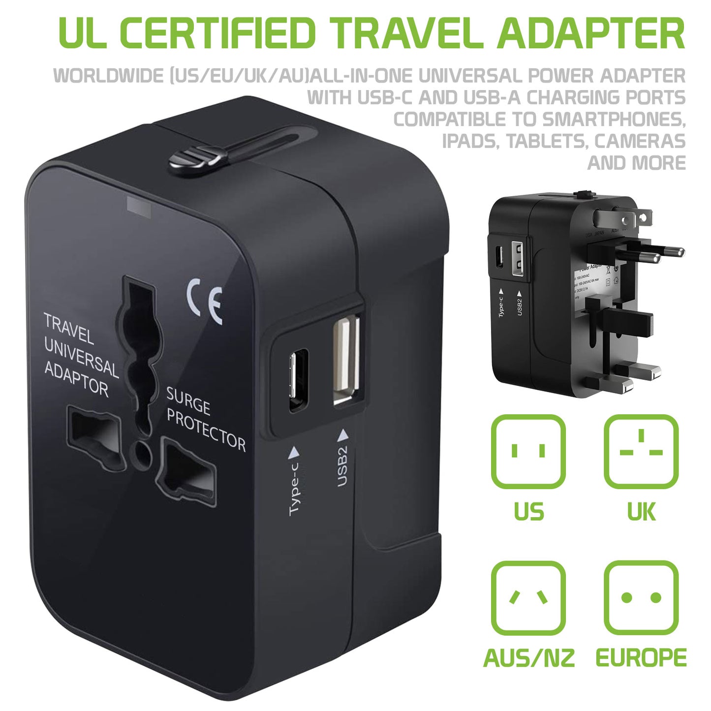 Portable Worldwide Universal Power Adapter Converter All in One International Travel Wall Charger Plug for Wall Plug Input in USA EU UK France Italy Australia India Outlets (With USB-A and USB-C)