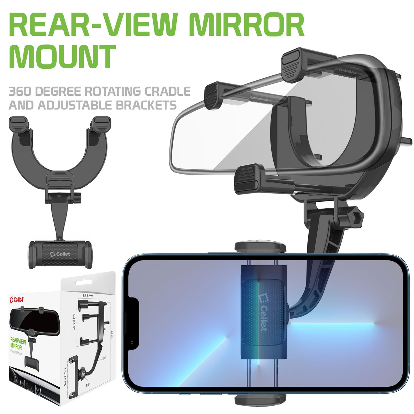 Car Rear-view Mirror Mount Phone Holder, 360 Degree Rotating, Adjustable Brackets Compatible for iPhones Galaxy Z Fold, Z Flip, Google Pixel, Moto