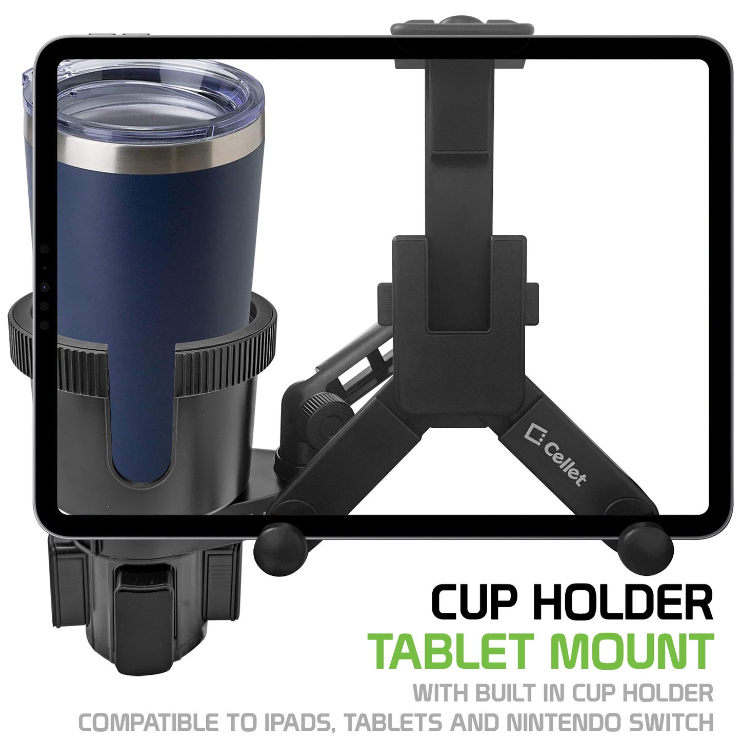 Cup Holder Tablet Mount, Tablet Cup Holder Mount with Built in Cup Holder Compatible to iPads, Tablets and Nintendo Switch