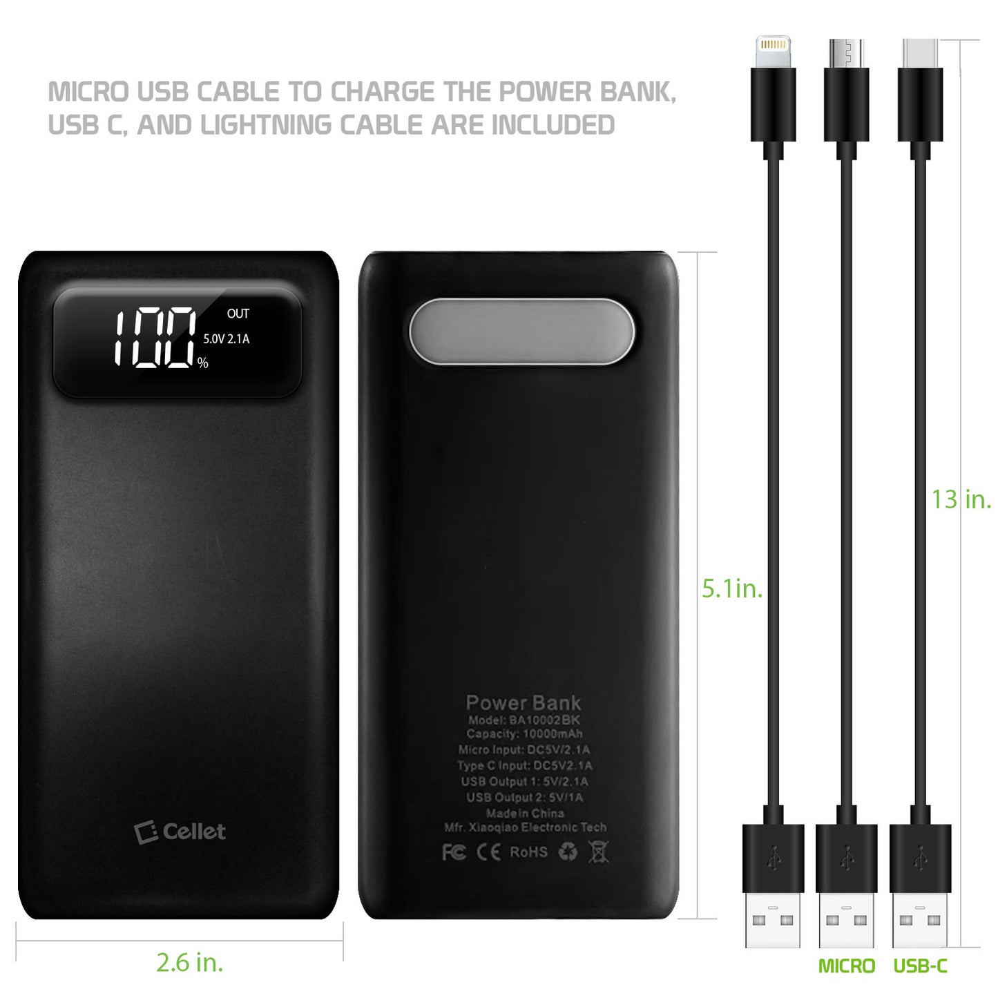 10,000mAh Portable Power Bank with Smart Digital Display Screen Compatible with iPhones Samsung Galaxy, Note, Motorola Moto, Google Pixel - Black