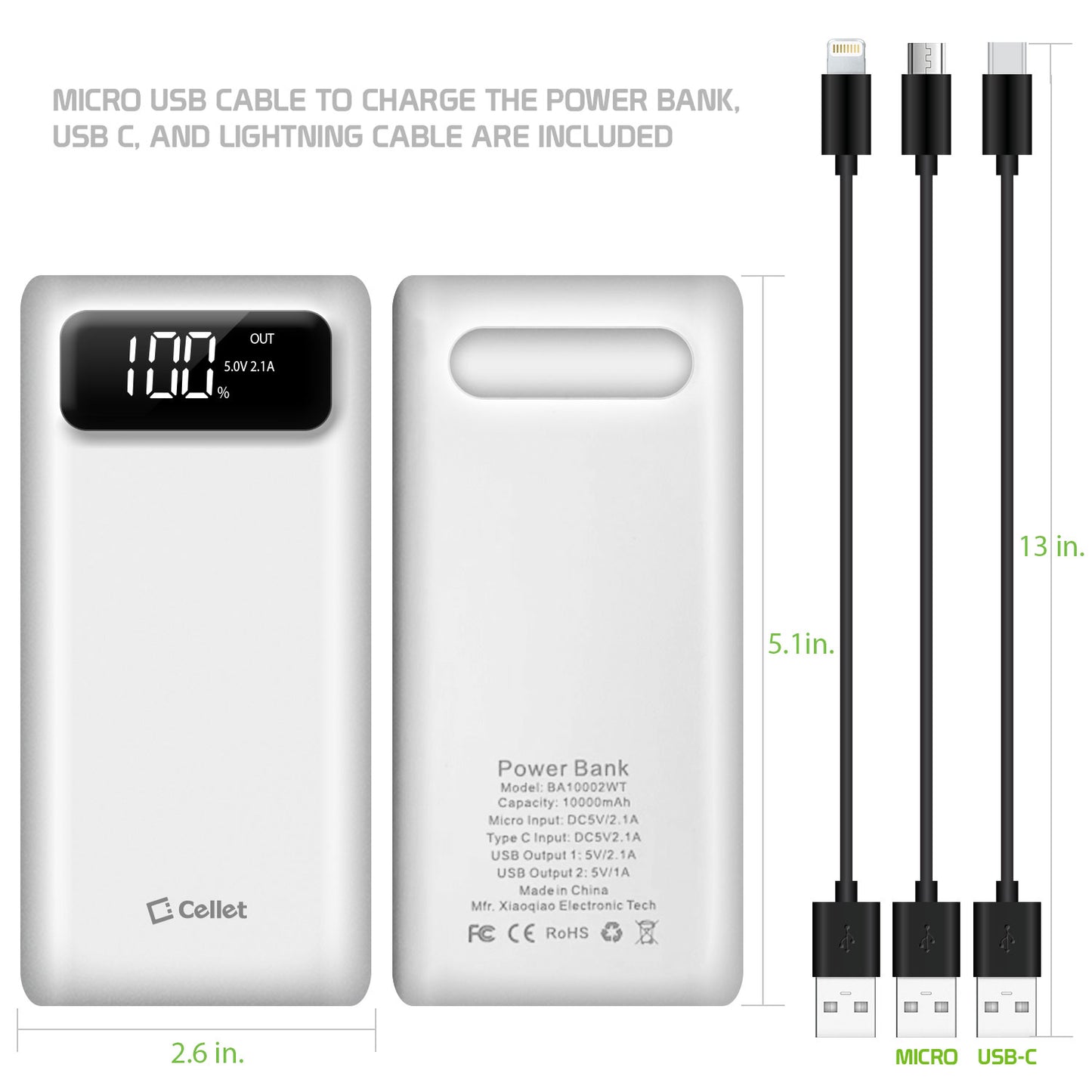 10,000mAh Portable Power Bank with Smart Digital Display Screen Compatible with iPhones Samsung Galaxy, Note, Motorola Moto, Google Pixel - White