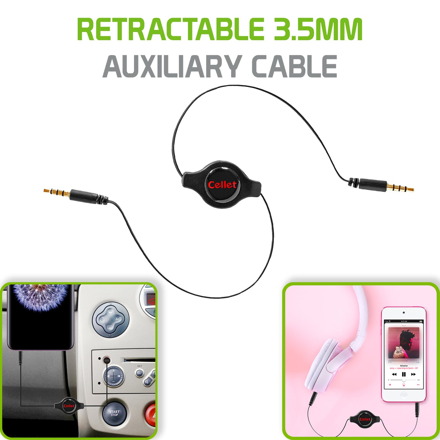 CN3535RBKB - Cellet Black Retractable 3.5mm Pin to 3.5mm Input Stereo Audio Cable