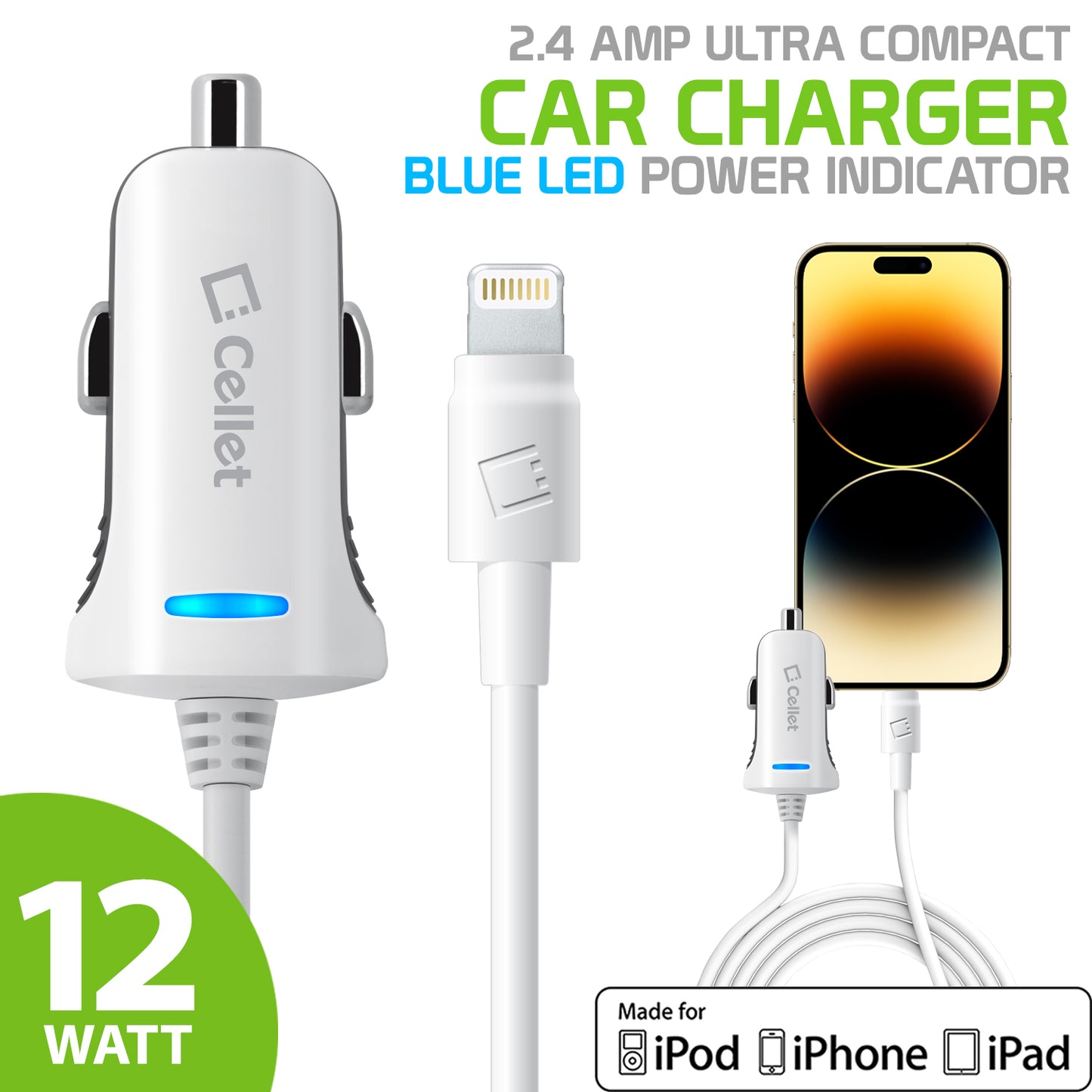 PAPP5GWB- MFI Certified Lightning Car Charger 2.4 Amp - 4Ft  -White