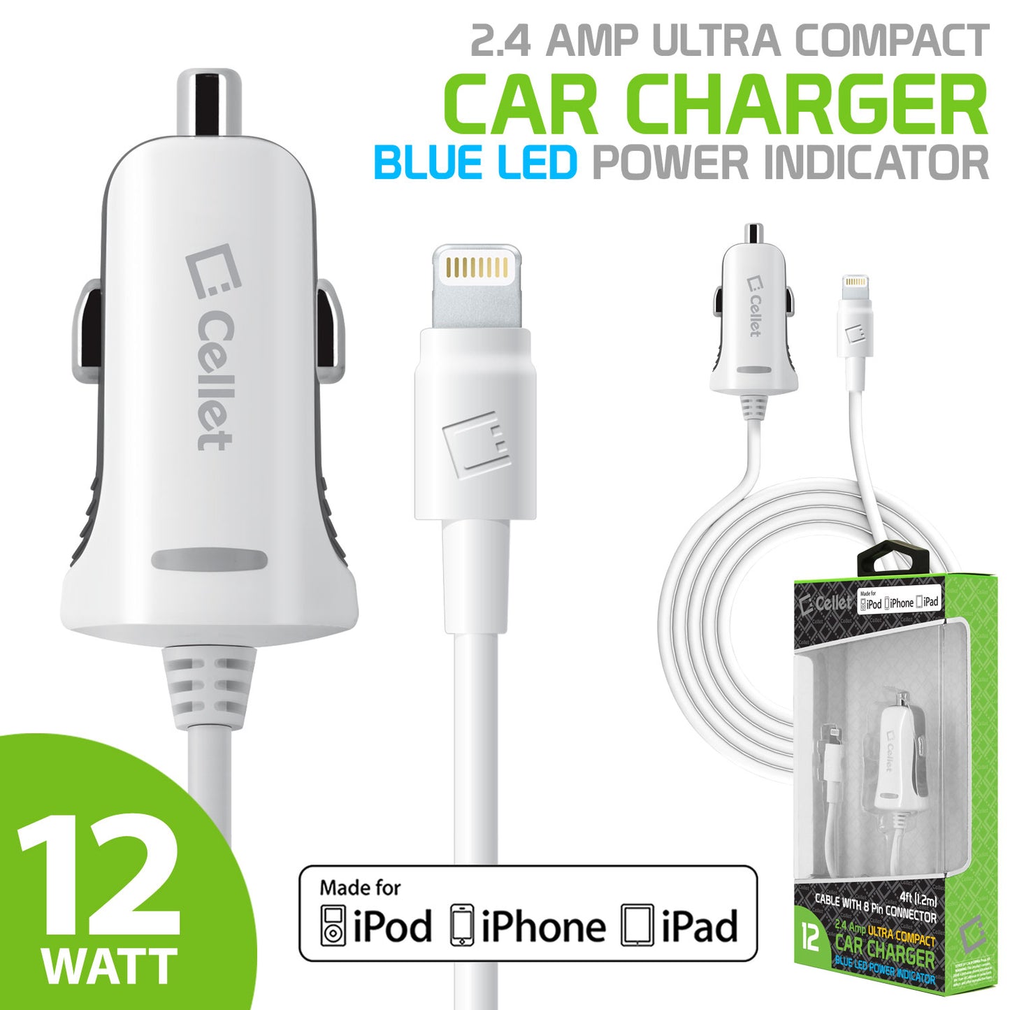 PAPP5GWB- MFI Certified Lightning Car Charger 2.4 Amp - 4Ft  -White