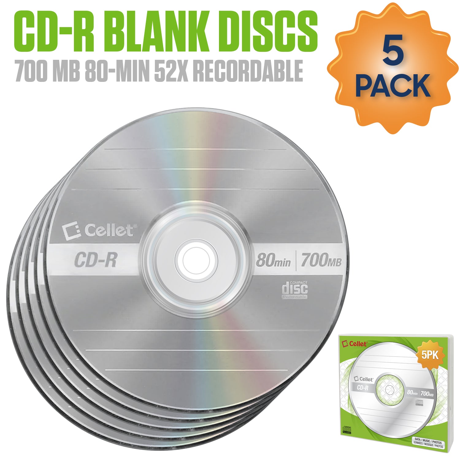 WCD5 - Cellet CD-R 5-Pack – 700MB 80-Minute Blank Discs, 52X Speed