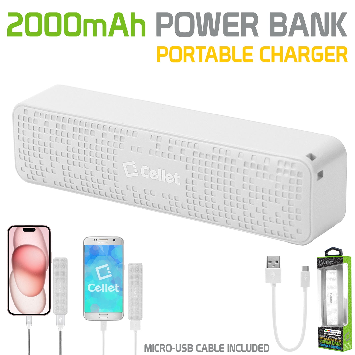 BC2000WT- 2000mAh Power Bank/Portable Charger (Micro USB Cable is included) - White