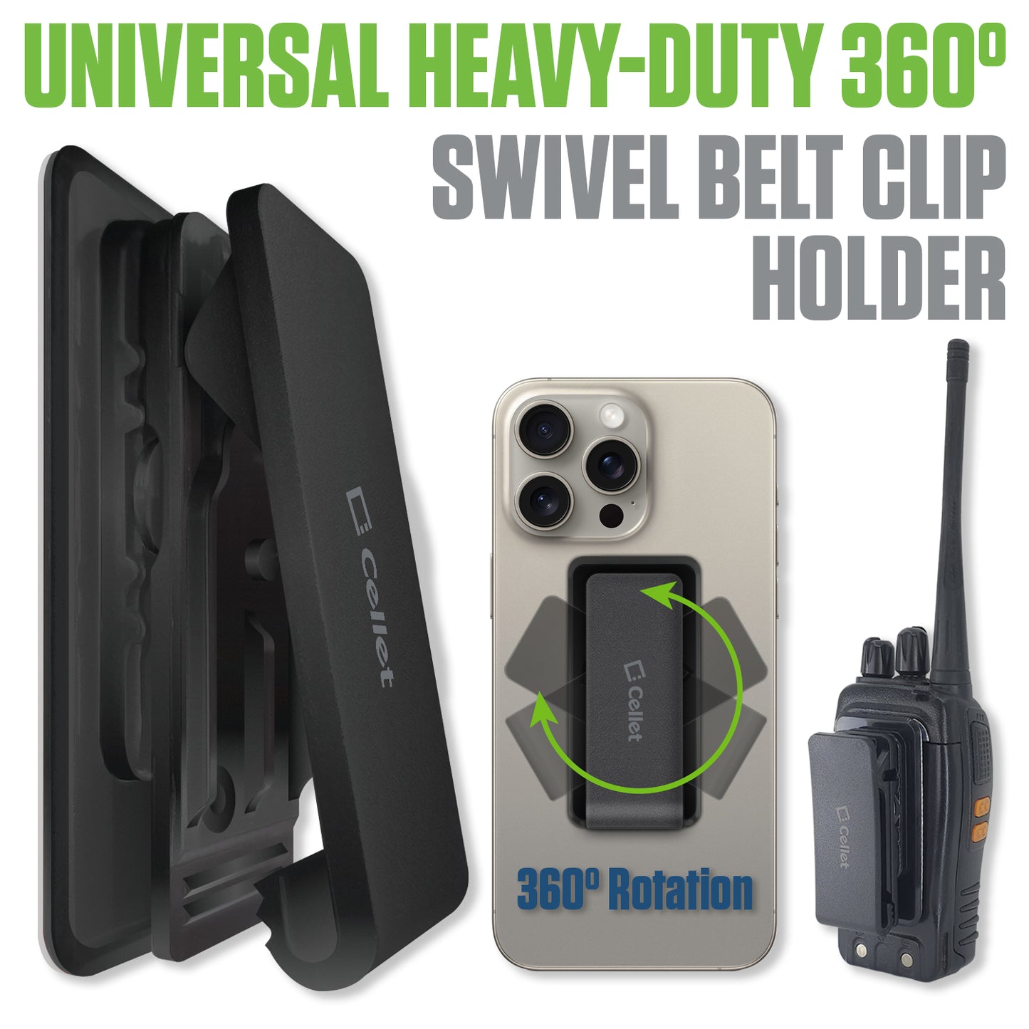 CLIPHDBK - Cellet Universal Heavy Duty 360 Swivel Belt Clip Holder with Strong 3M Adhesive Sticker for Phone Cases, Walkie Talkies, Two Way Radios, Remotes, Portable Monitors - Black