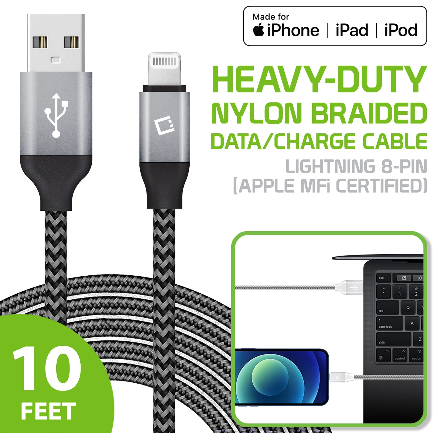 DA8T10BRBK - Cellet Lightning 8 Pin (Apple MFI Certified) 10 ft. (3m) Heavy Duty Nylon Braided USB Charging plus Data Sync Cable - Black