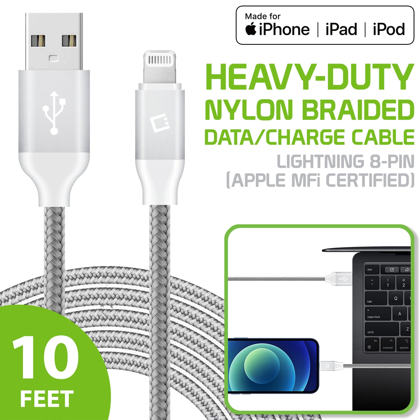 DA8T10BRSL - Cellet Lightning 8 Pin (Apple MFI Certified) 10 ft. (3m) Heavy Duty Nylon Braided USB Charging plus Data Sync Cable - Silver