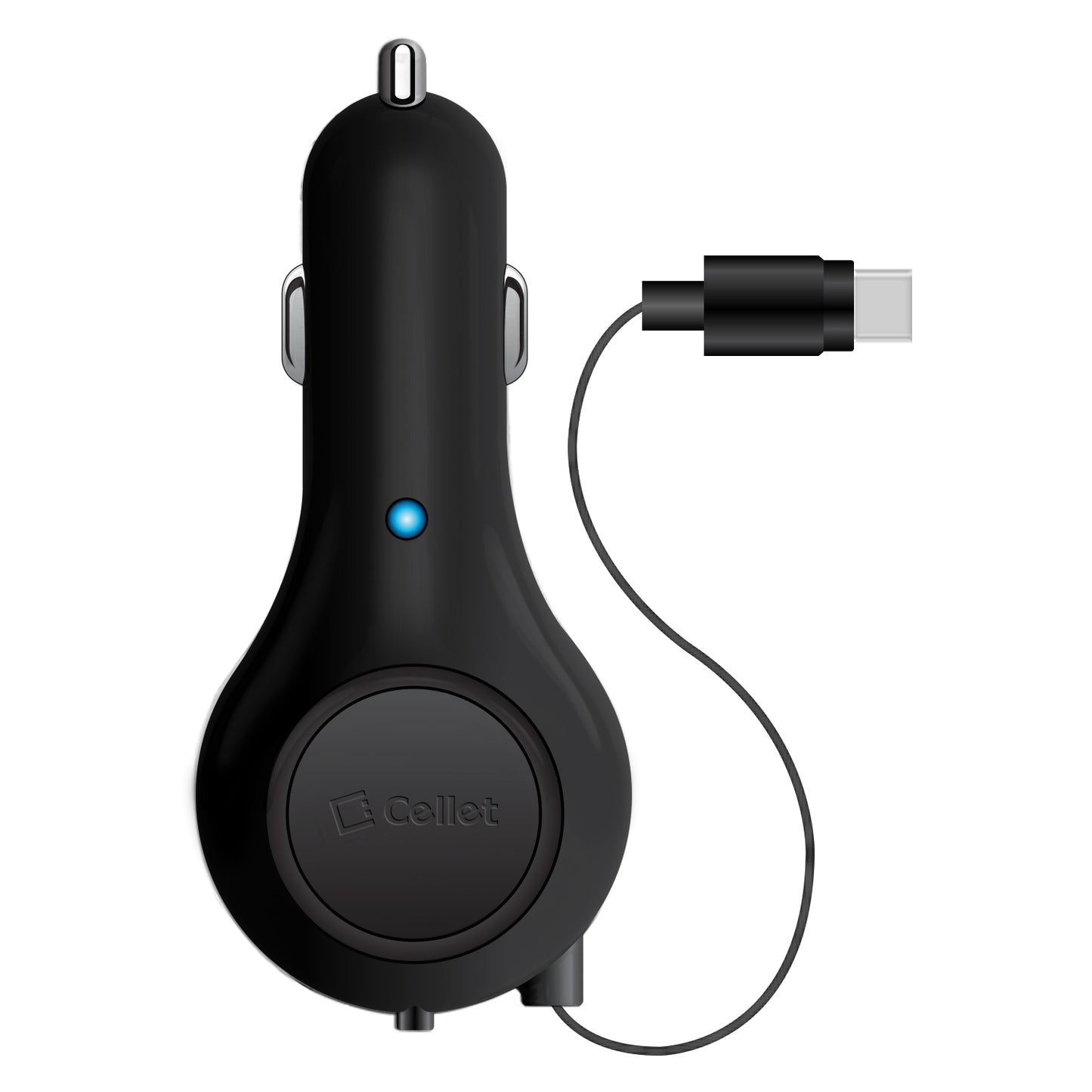 PUSBC30R - Cellet Retractable USB-C Car Charger – 15W Fast Charging, 3.3ft Cable, 3A Output, Blue LED Indicator – Compatible with Apple iPhone 15/16 Series & Android USB-C Devices – Compact, Tangle-Free
