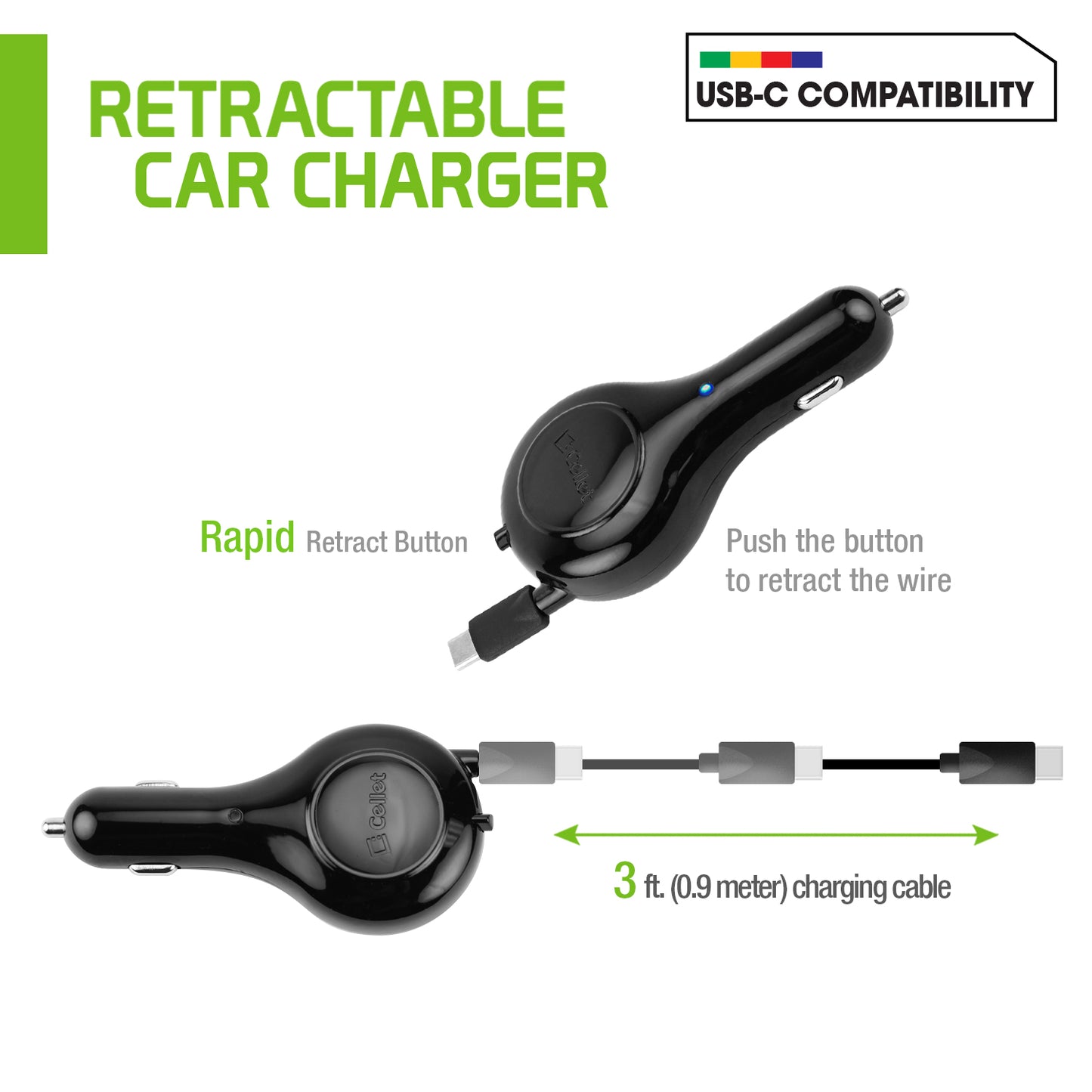 PUSBC30R - Cellet Retractable USB-C Car Charger – 15W Fast Charging, 3.3ft Cable, 3A Output, Blue LED Indicator – Compatible with Apple iPhone 15/16 Series & Android USB-C Devices – Compact, Tangle-Free