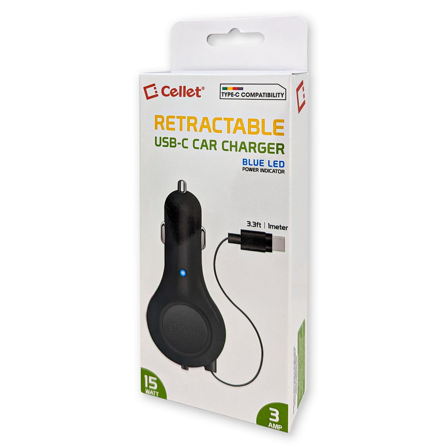PUSBC30R - Cellet Retractable USB-C Car Charger – 15W Fast Charging, 3.3ft Cable, 3A Output, Blue LED Indicator – Compatible with Apple iPhone 15/16 Series & Android USB-C Devices – Compact, Tangle-Free