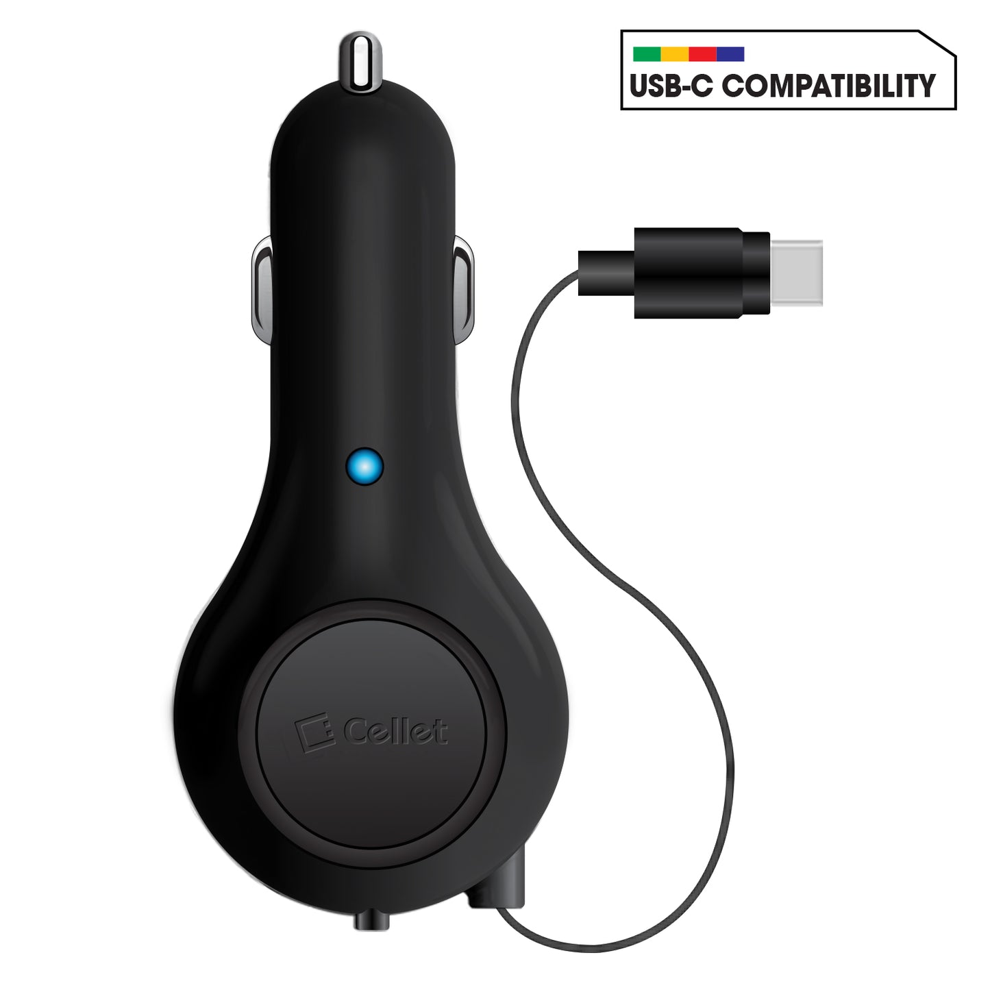 PUSBC30R - Cellet Retractable USB-C Car Charger – 15W Fast Charging, 3.3ft Cable, 3A Output, Blue LED Indicator – Compatible with Apple iPhone 15/16 Series & Android USB-C Devices – Compact, Tangle-Free