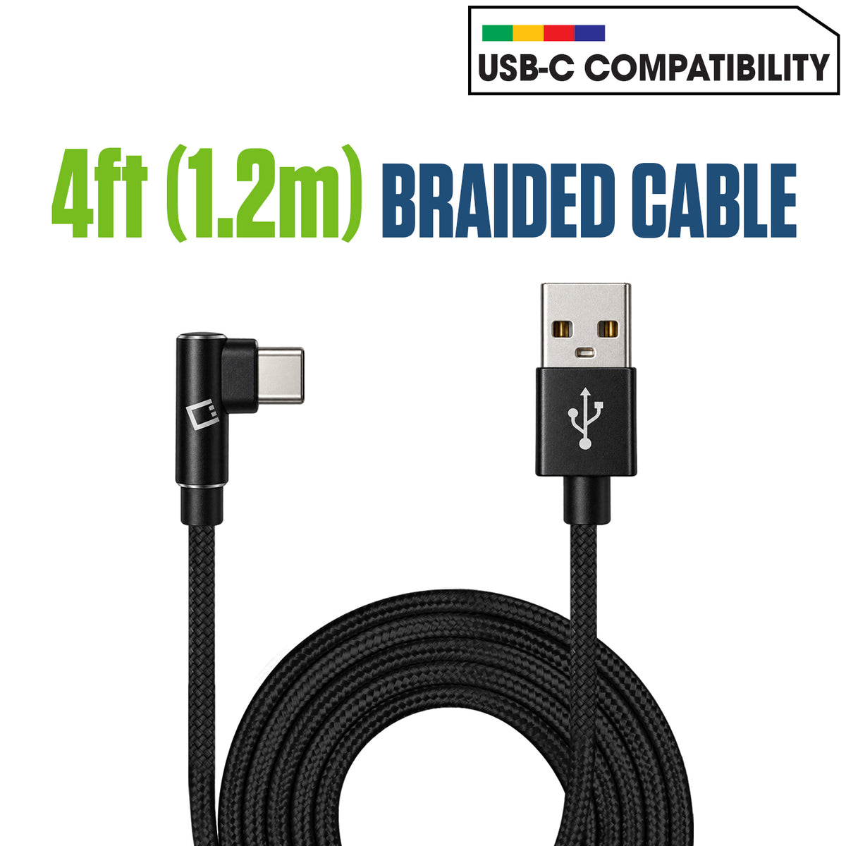 DCA904BK - Cellet Right Angle USB C Cable 4ft, 90 Degree USB-A to USB-C Fast Charging Cord, Durable Nylon Braided Fast Charger Data Sync Cable Compatible with Samsung Galaxy S24 S23 Note, Google Pixel, LG, Car Play