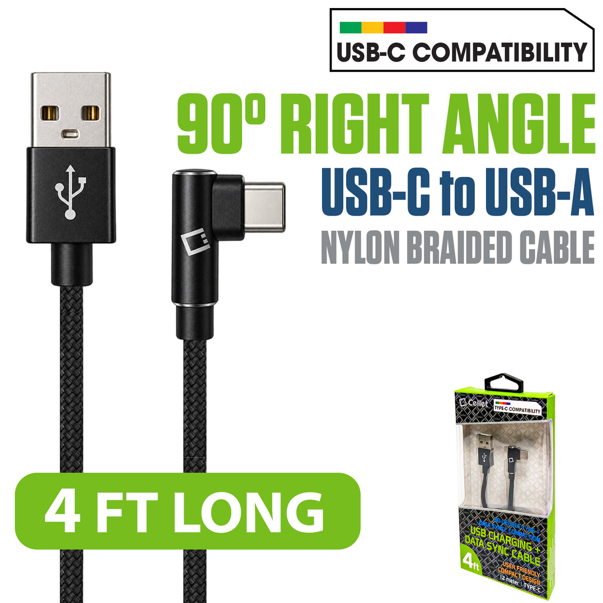 DCA904BK - Cellet Right Angle USB C Cable 4ft, 90 Degree USB-A to USB-C Fast Charging Cord, Durable Nylon Braided Fast Charger Data Sync Cable Compatible with Samsung Galaxy S24 S23 Note, Google Pixel, LG, Car Play