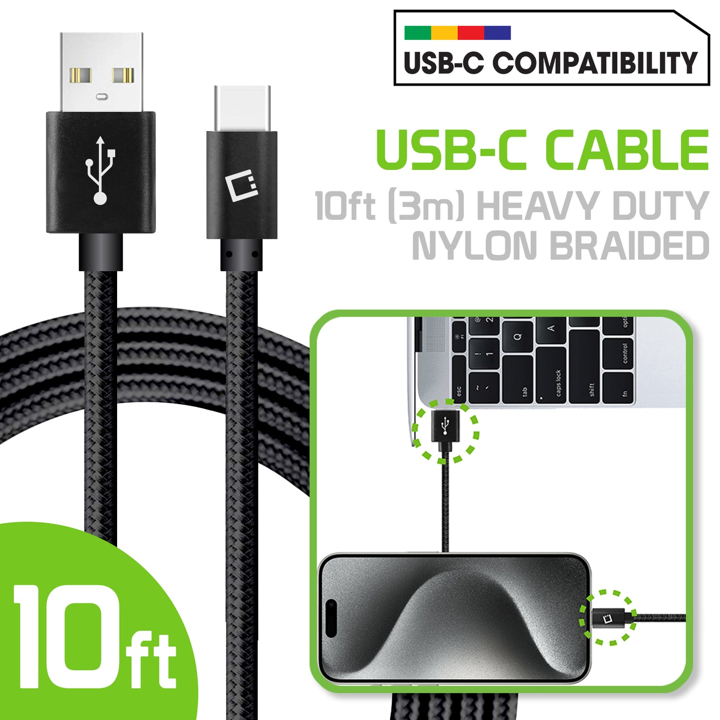 DCA1020BK - 10 Ft Durable Nylon Braided USB-C Data Transfer & Sync Fast Charge Cable 2.5 Amp