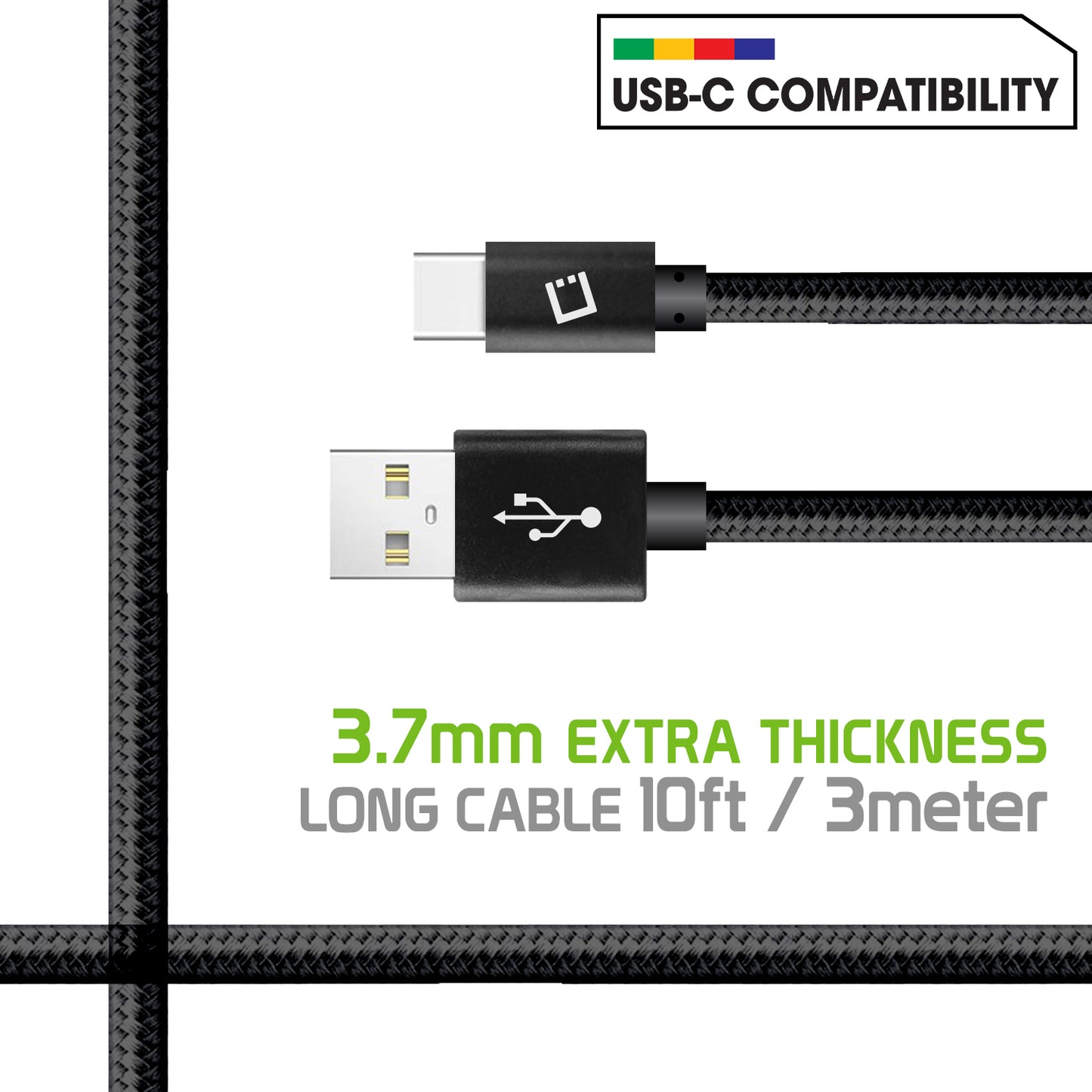 DCA1020BK - 10 Ft Durable Nylon Braided USB-C Data Transfer & Sync Fast Charge Cable 2.5 Amp