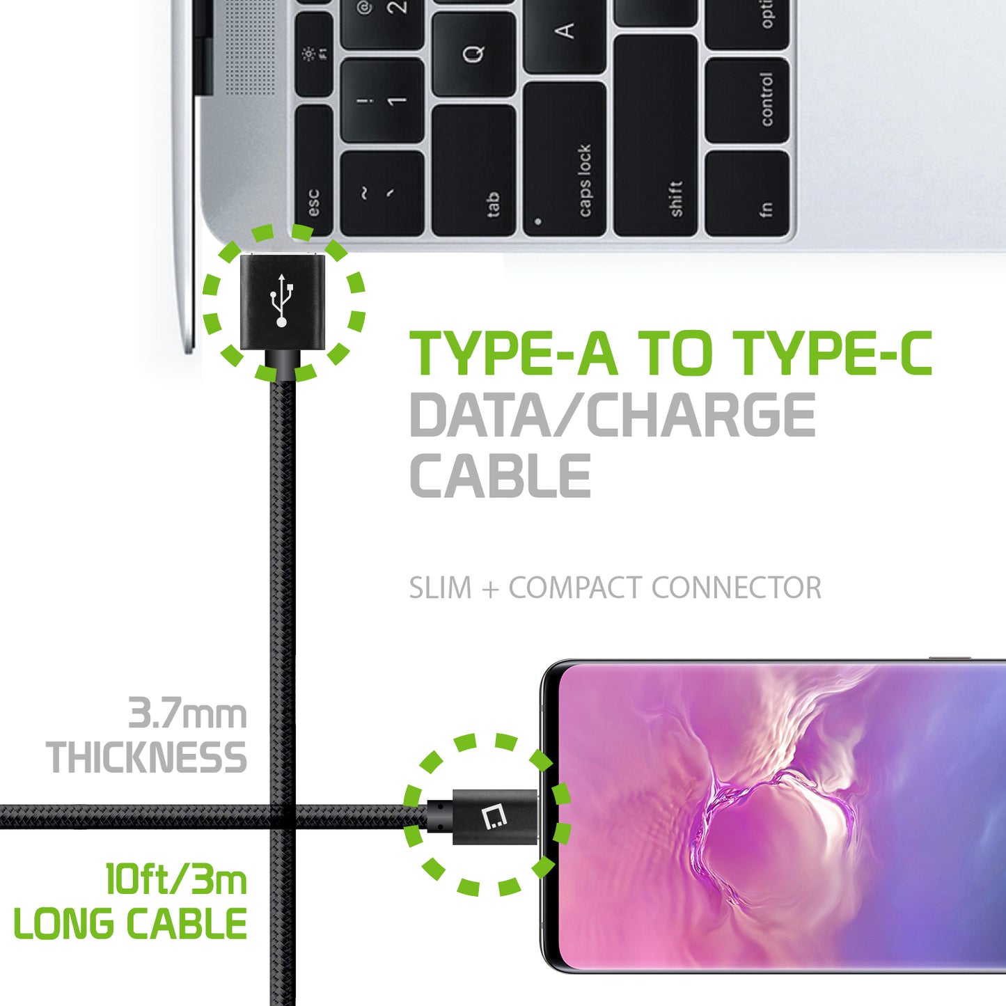 DCA1020BK - 10 Ft Durable Nylon Braided USB-C Data Transfer & Sync Fast Charge Cable 2.5 Amp