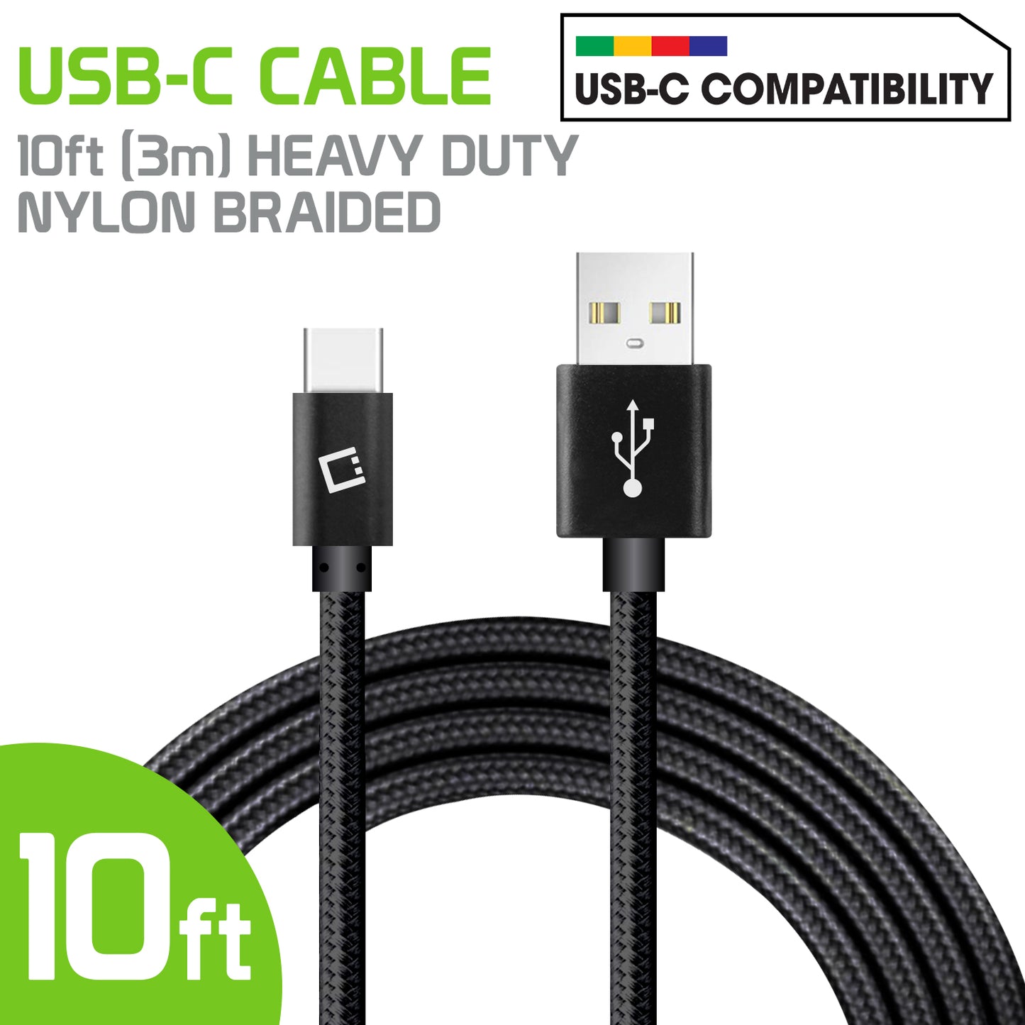 DCA1020BK - 10 Ft Durable Nylon Braided USB-C Data Transfer & Sync Fast Charge Cable 2.5 Amp