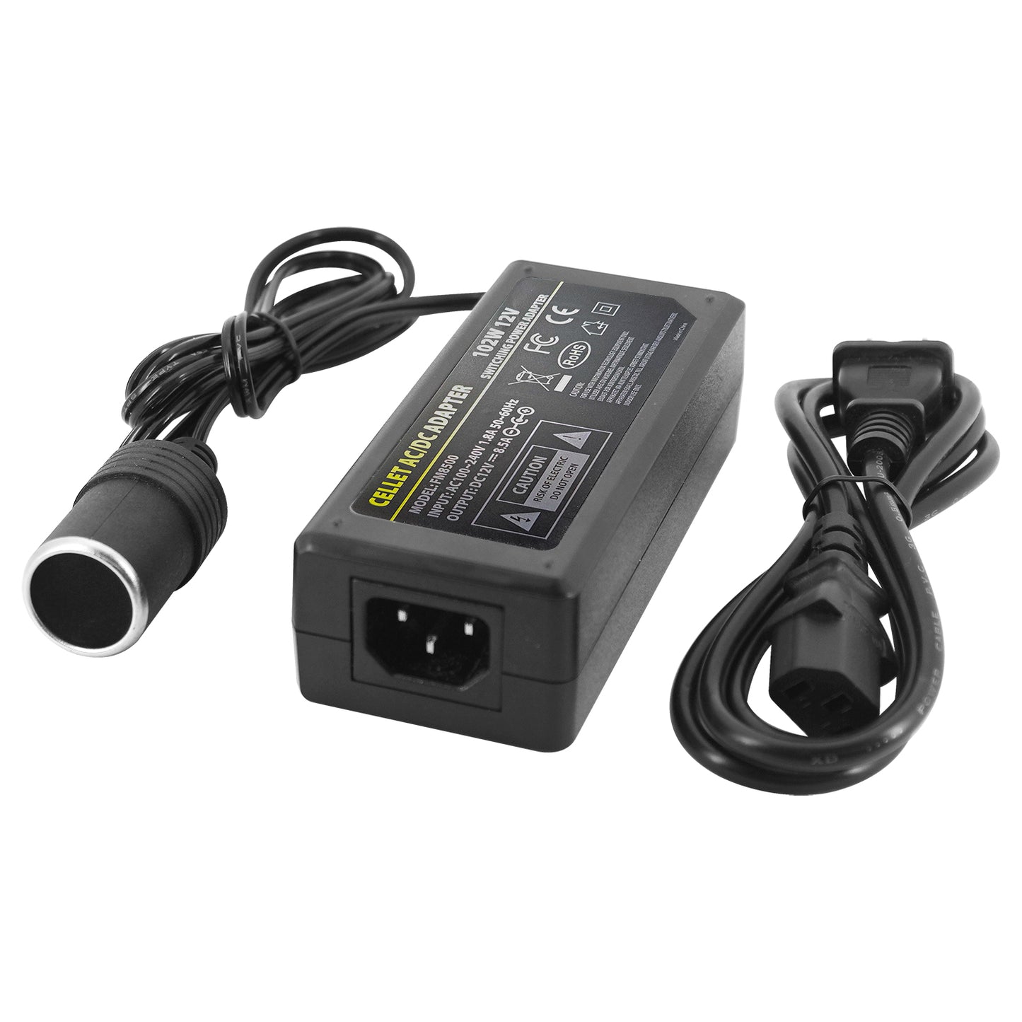 FM8500 - Cellet AC to DC Car Power Converter Adapter, 110V/120V AC Wall Outlet to 12V DC Cigarette Lighter Socket, 8.5A 102W Power Supply Adapter for Car Accessories, GPS, Phones, Dash Cams, Mini Vacuums