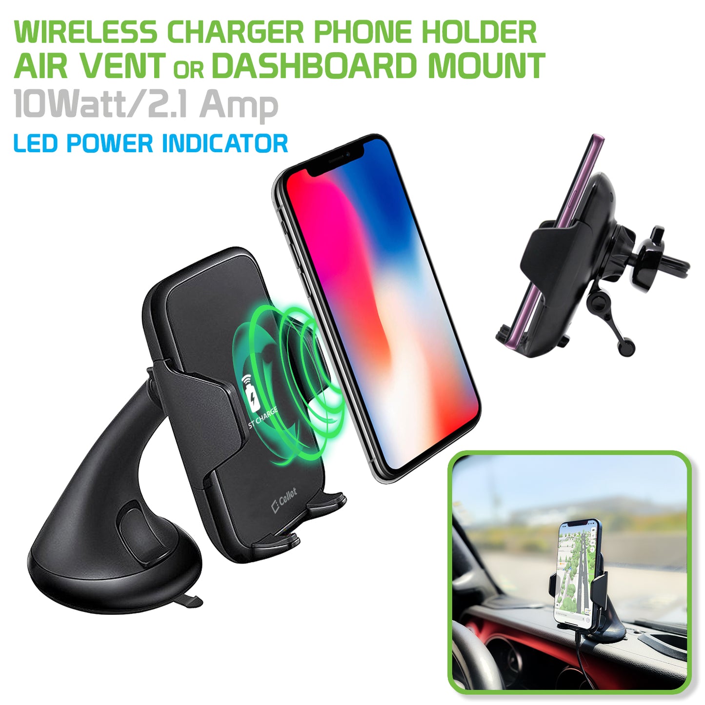 QI600 - 2-in-1 Wireless Charging Phone Mount, (10 Watt/2.1 Amp) Air Vent and Dashboard Phone Mount for Apple iPhone X, 8, 8 Plus, and More