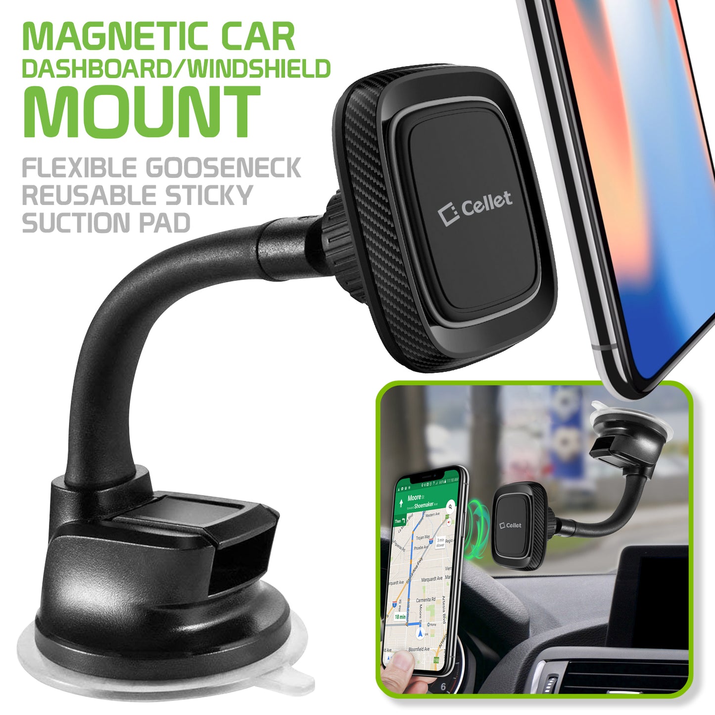 RHSUMAG100 - Extra Strength Magnetic Car Dashboard/Windshield Mount with Flexible Gooseneck and Reusable Sticky Suction Pad for Smartphones by Cellet