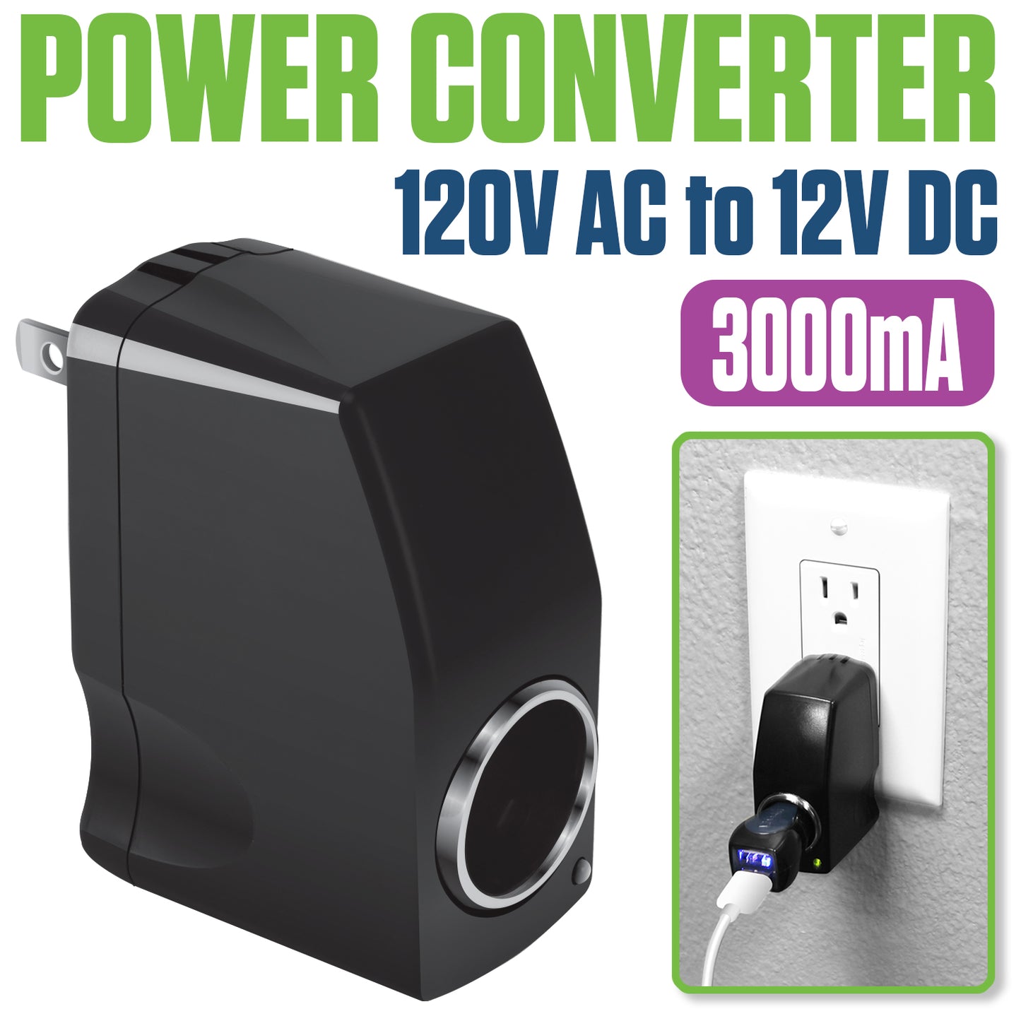 FM3000 - Cellet 120V AC to 12V DC Power Converter Adapter, 3000mA (3A) Output, Cigarette Lighter Socket Plug – Converts Home Wall Outlet to Car Charger Port for Smartphones, GPS, Cameras, Tablets, MP3 Devices
