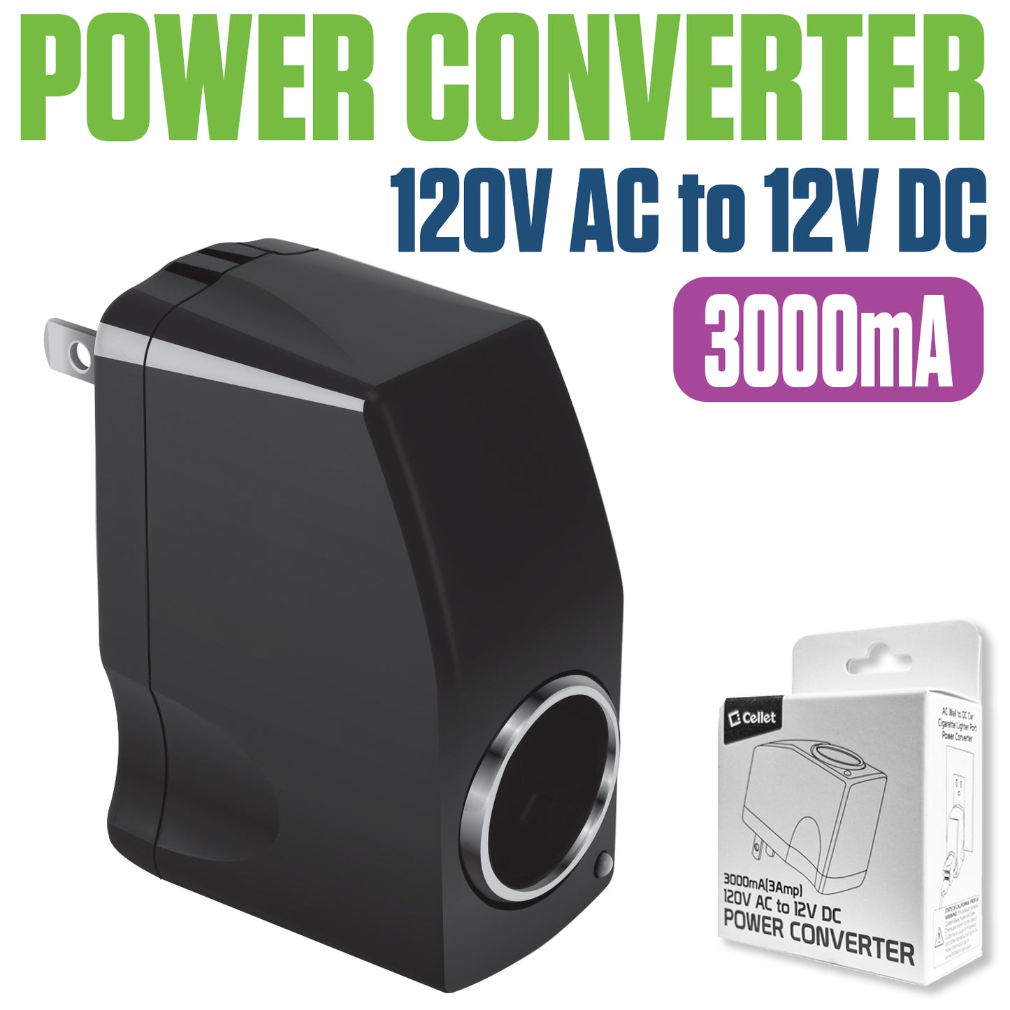 FM3000 - Cellet 120V AC to 12V DC Power Converter Adapter, 3000mA (3A) Output, Cigarette Lighter Socket Plug – Converts Home Wall Outlet to Car Charger Port for Smartphones, GPS, Cameras, Tablets, MP3 Devices