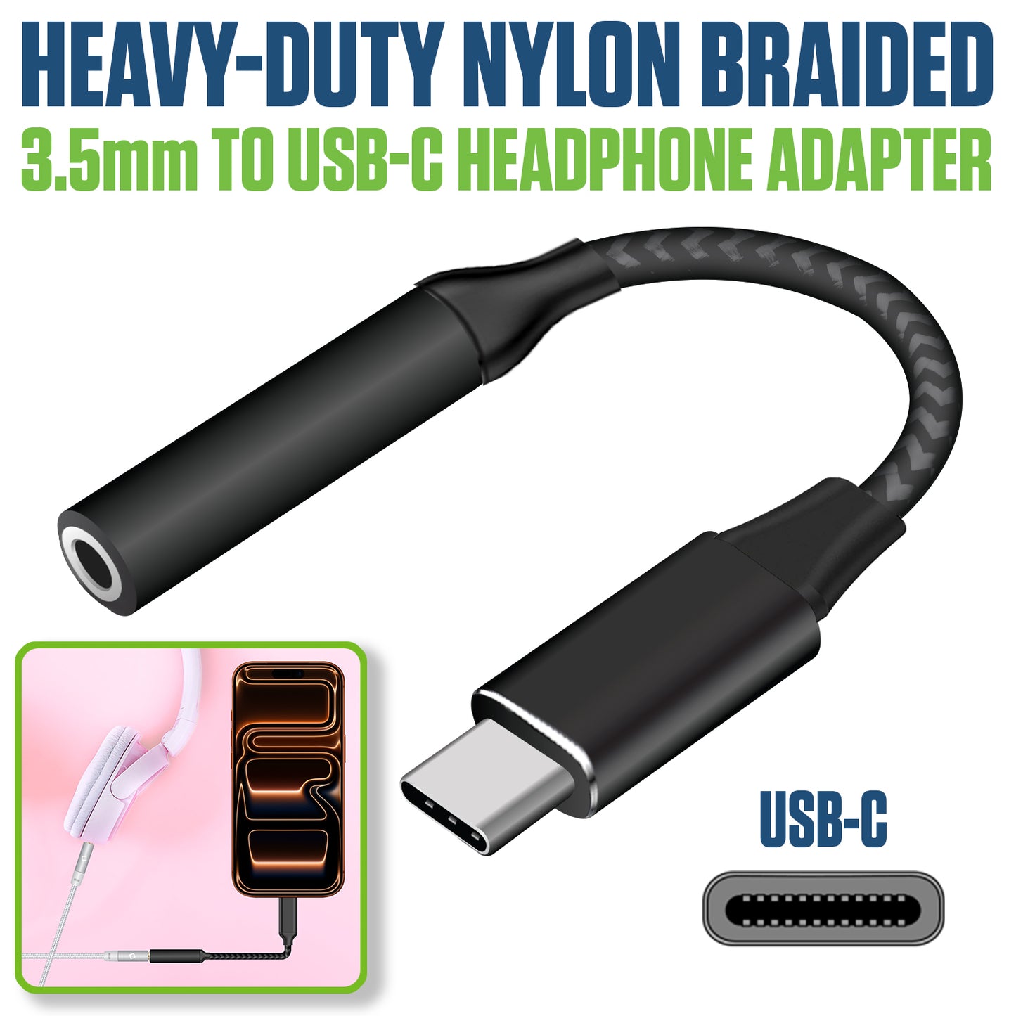 DCAFEMB -USB C to 3.5mm Female Headphone Adapter, Heavy Duty Nylon Braided Audio Converter