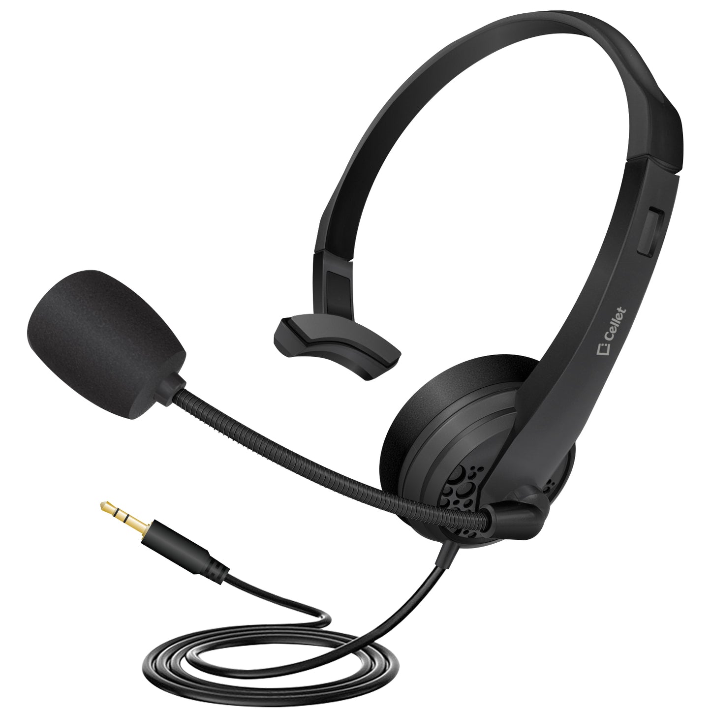 EP35C FA - Cellet Universal Mono 3.5mm Hands-Free Headset with Flexible Boom Microphone – Adjustable Headband, Single-Ear (Mono) Wired Headset for Calls & Office Use