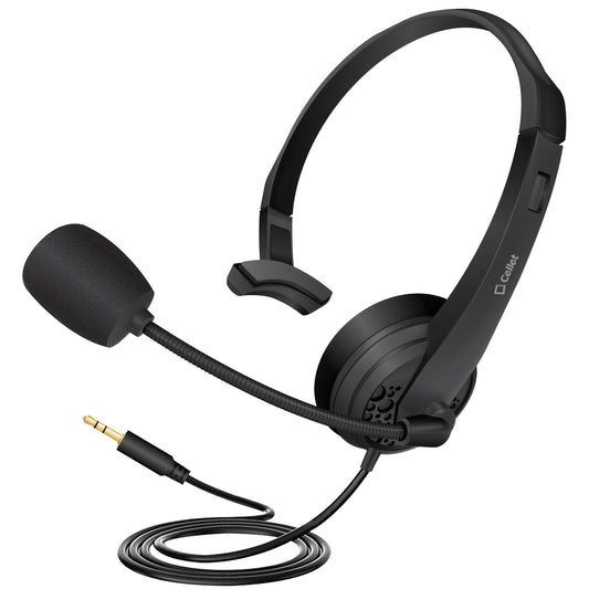 EP35C FA - Cellet Universal Mono 3.5mm Hands-Free Headset with Flexible Boom Microphone – Adjustable Headband, Single-Ear (Mono) Wired Headset for Calls & Office Use