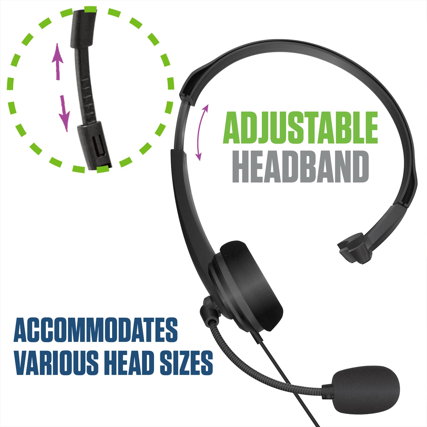 EP35C FA - Cellet Universal Mono 3.5mm Hands-Free Headset with Flexible Boom Microphone – Adjustable Headband, Single-Ear (Mono) Wired Headset for Calls & Office Use