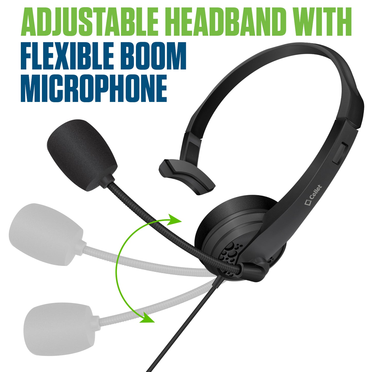 EP35C FA - Cellet Universal Mono 3.5mm Hands-Free Headset with Flexible Boom Microphone – Adjustable Headband, Single-Ear (Mono) Wired Headset for Calls & Office Use
