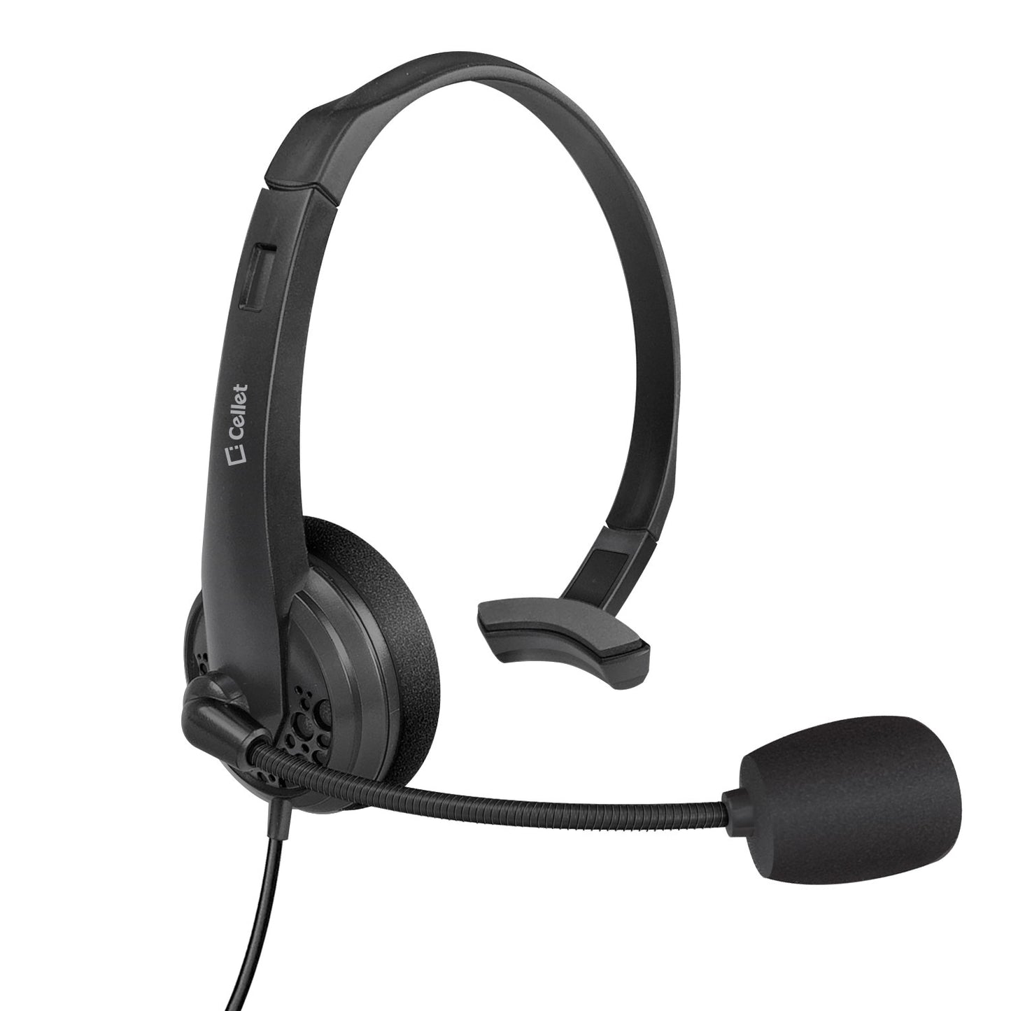 EP35C FA - Cellet Universal Mono 3.5mm Hands-Free Headset with Flexible Boom Microphone – Adjustable Headband, Single-Ear (Mono) Wired Headset for Calls & Office Use
