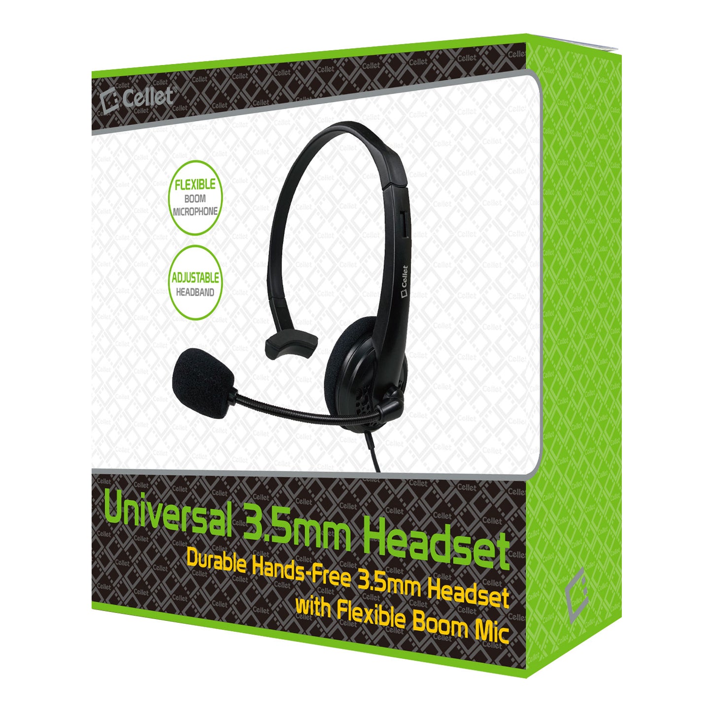 EP35C FA - Cellet Universal Mono 3.5mm Hands-Free Headset with Flexible Boom Microphone – Adjustable Headband, Single-Ear (Mono) Wired Headset for Calls & Office Use
