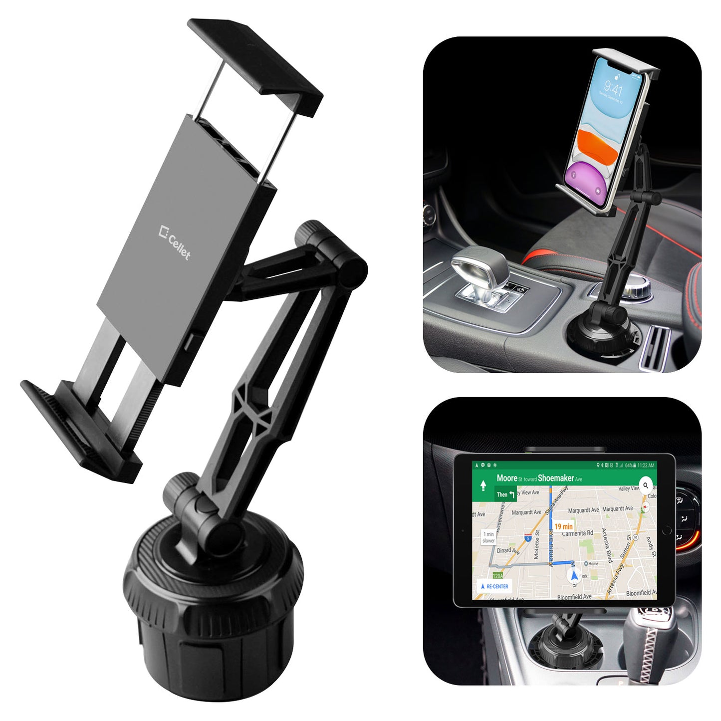PH620 -  Cellet Heavy Duty Cup Holder Mount for Tablet Smartphone - 360° Swivel, Expandable Base Car Holder for iPad iPhone Samsung Galaxy & All Smartphones