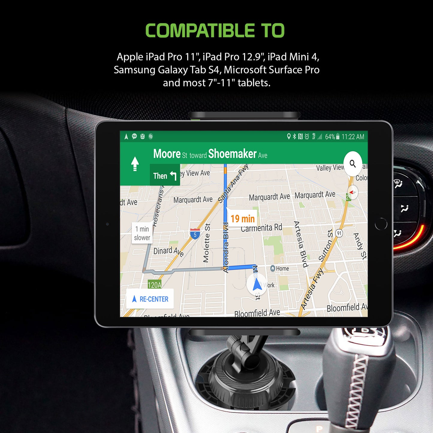PH620 -  Cellet Heavy Duty Cup Holder Mount for Tablet Smartphone - 360° Swivel, Expandable Base Car Holder for iPad iPhone Samsung Galaxy & All Smartphones