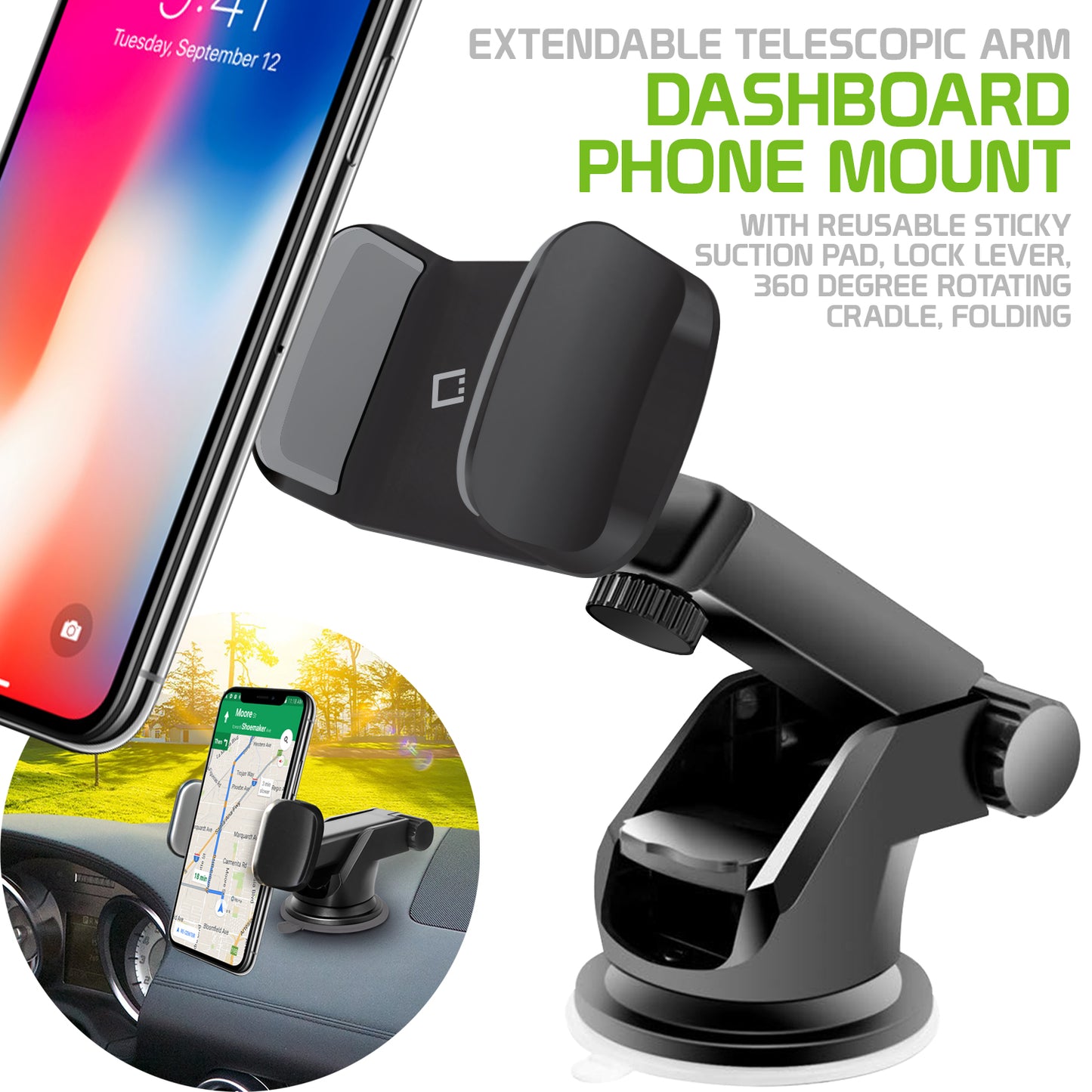 PHD355 -Heavy Duty Dashboard & Windshield Phone Holder Mount 360 Rotating Strong Sticky Suction Pad