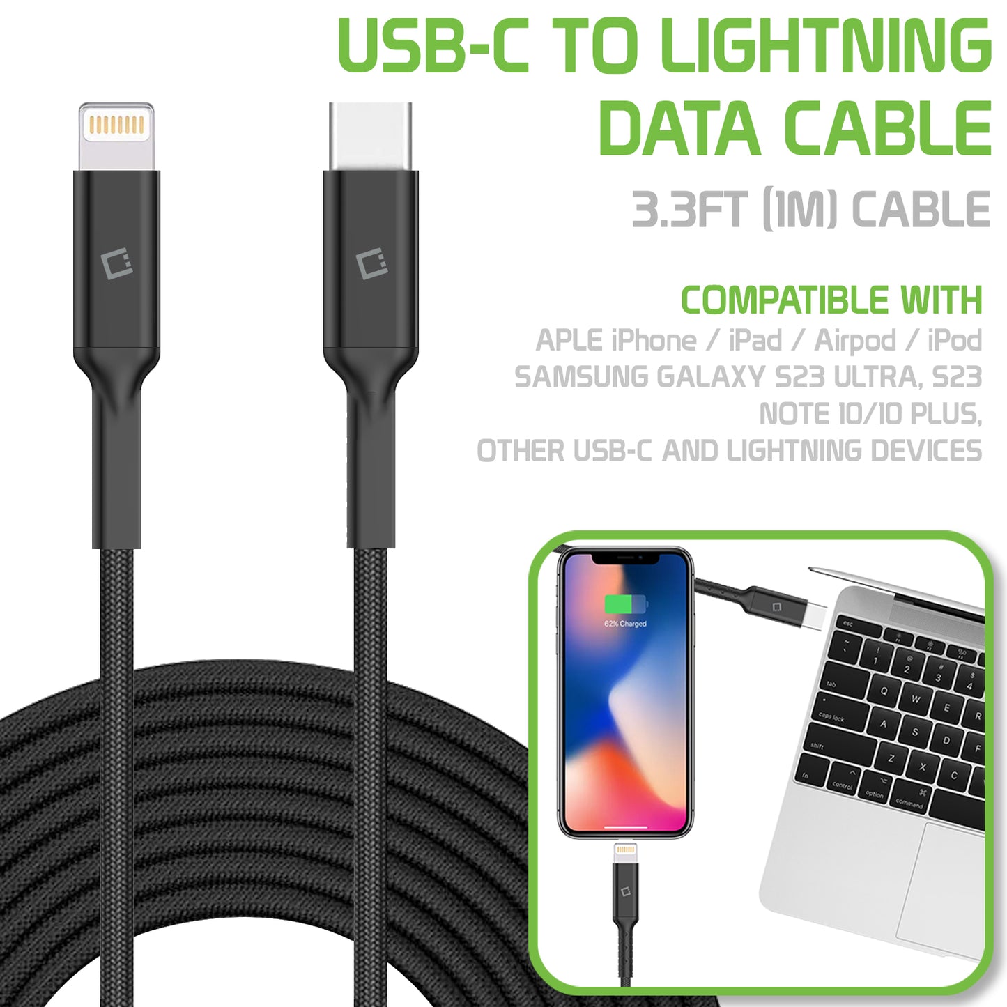 DCL40BK - USB Type C to MFI Lightning Data Cable, Cellet 3.3ft Braided USB Type C to Lighting Data Cable Compatible to Type C and Lightning Devices