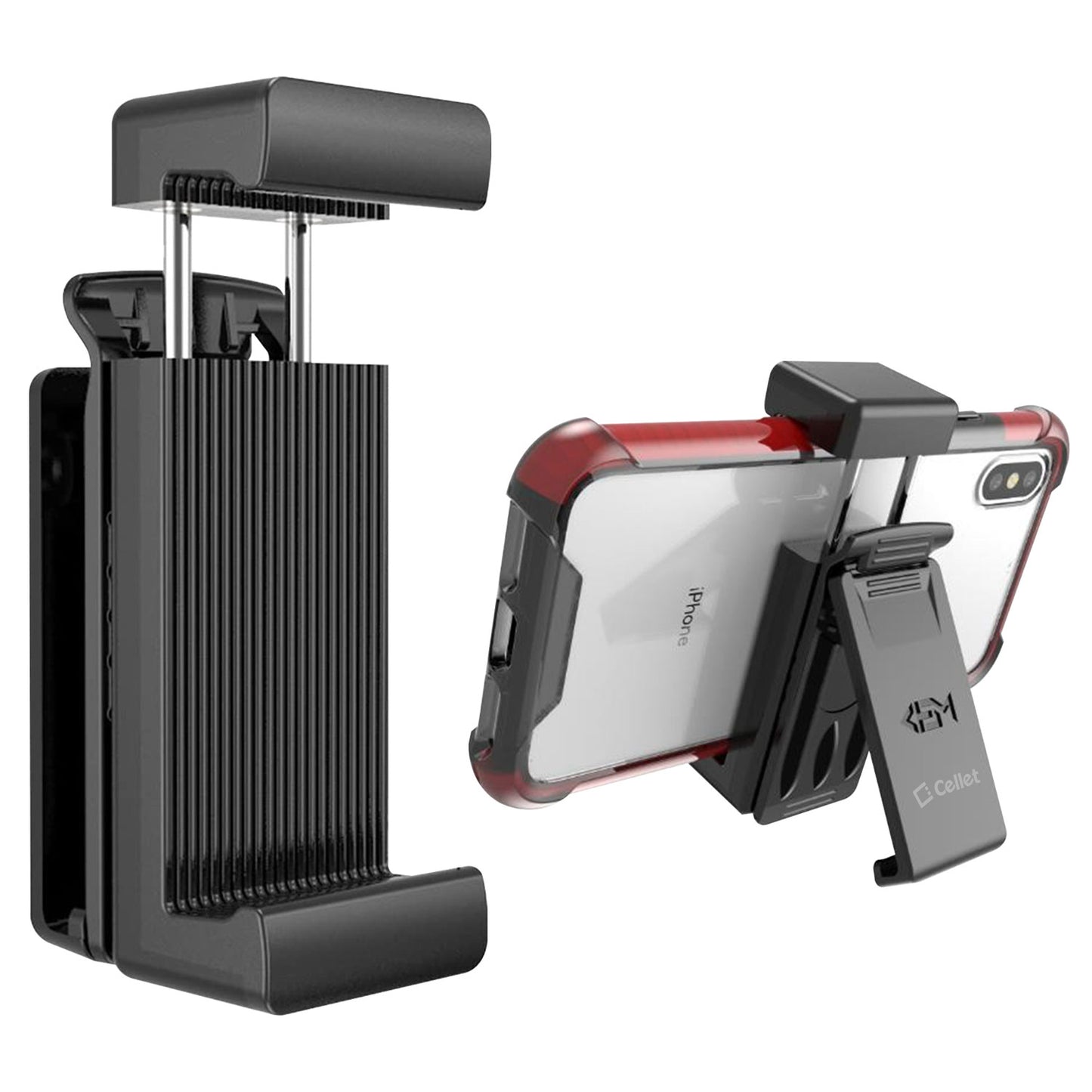 CLIPHDB - Cellet Heavy-Duty 360 Rotating Belt Clip Holder & Smartphone Holster Mount with Built-in Kickstand, Universal Adjustable Vertical Spring Clamp and Anti-Slip Rubber Pads for Cell Phones Cases Up to 3.5"