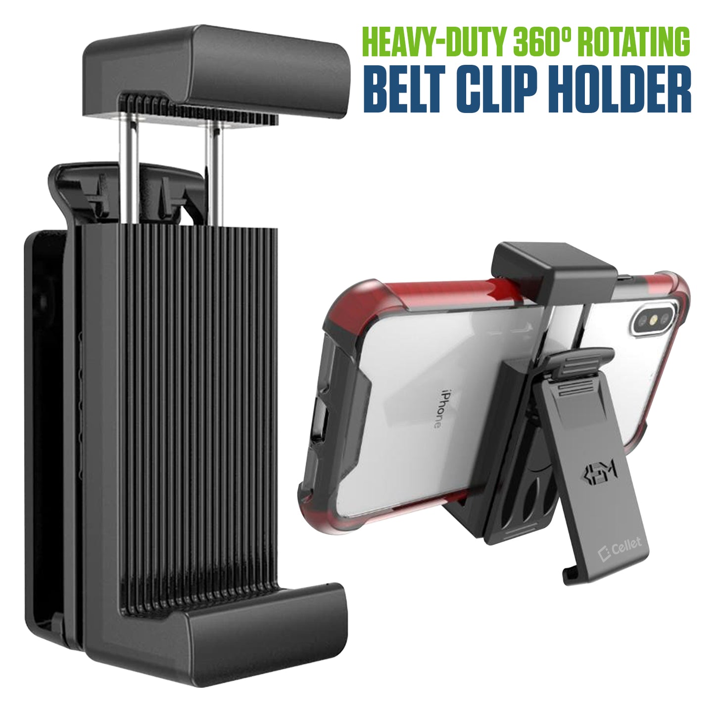 CLIPHDB - Cellet Heavy-Duty 360 Rotating Belt Clip Holder & Smartphone Holster Mount with Built-in Kickstand, Universal Adjustable Vertical Spring Clamp and Anti-Slip Rubber Pads for Cell Phones Cases Up to 3.5"