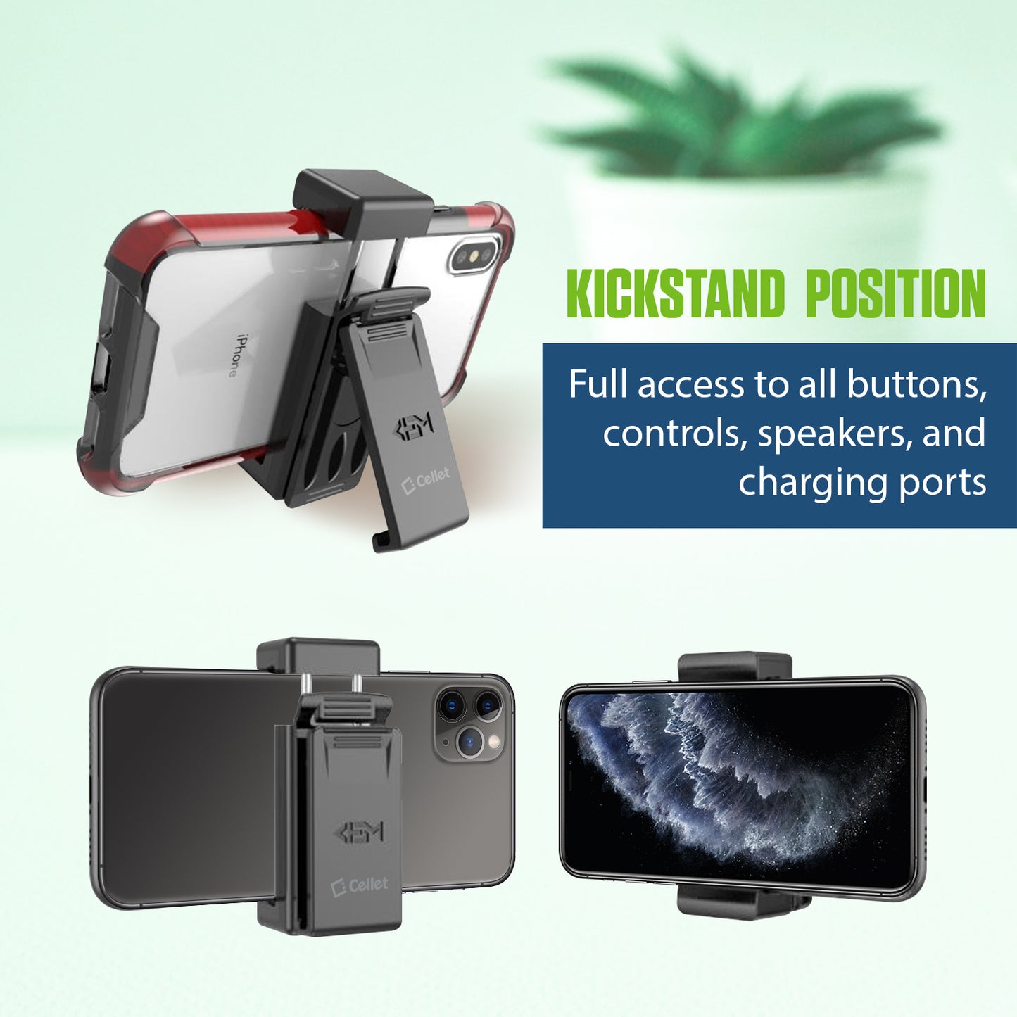 CLIPHDB - Cellet Heavy-Duty 360 Rotating Belt Clip Holder & Smartphone Holster Mount with Built-in Kickstand, Universal Adjustable Vertical Spring Clamp and Anti-Slip Rubber Pads for Cell Phones Cases Up to 3.5"