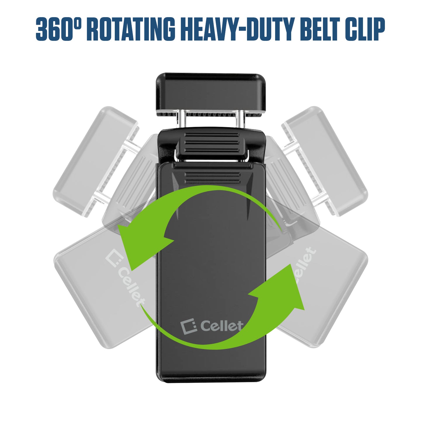 CLIPHDB - Cellet Heavy-Duty 360 Rotating Belt Clip Holder & Smartphone Holster Mount with Built-in Kickstand, Universal Adjustable Vertical Spring Clamp and Anti-Slip Rubber Pads for Cell Phones Cases Up to 3.5"