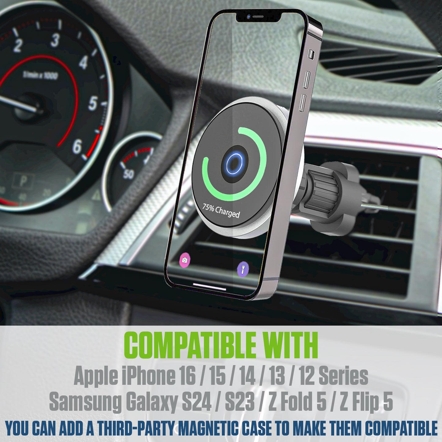 PHMAG12 - Cellet Inc. Magnetic Wireless Car Charger Mount, Fast Charging MagSafe Compatible Phone Holder for iPhone 16/15/14/13/12 Series - Air Vent Mount with Expandable Hook & Adjustable Head